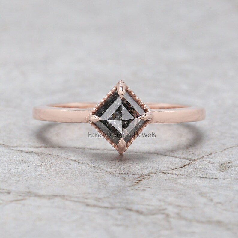 Kite Cut Salt And Pepper Diamond Ring 0.88 Ct 7.18 MM Kite Diamond Ring 14K Solid Rose Gold Silver Kite Engagement Ring Gift For Her QL2026