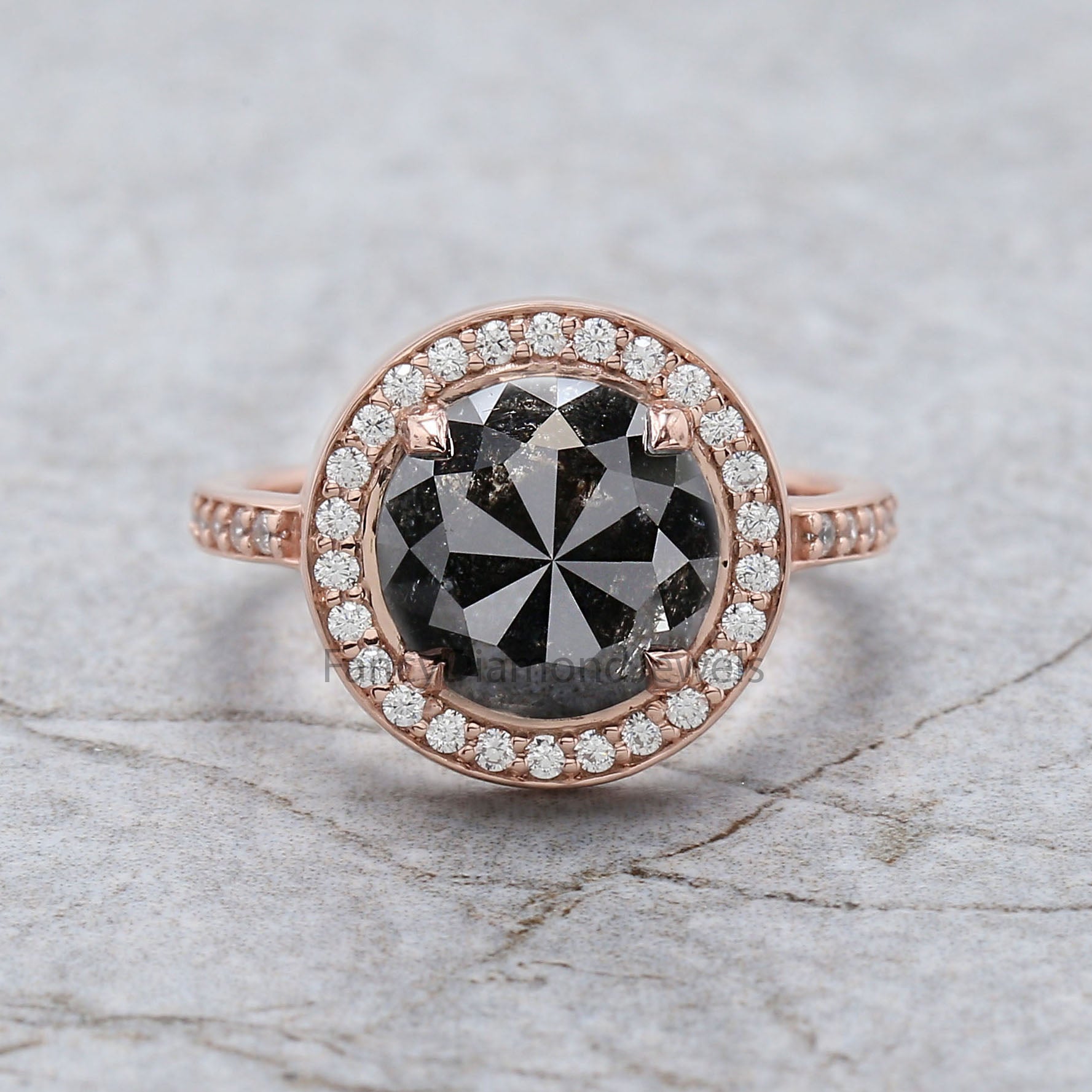 Round Rose Cut Salt And Pepper Diamond Ring 3.60 Ct 9.29 MM Round Diamond Ring 14K Rose Gold Silver Engagement Ring Gift For Her QL2130