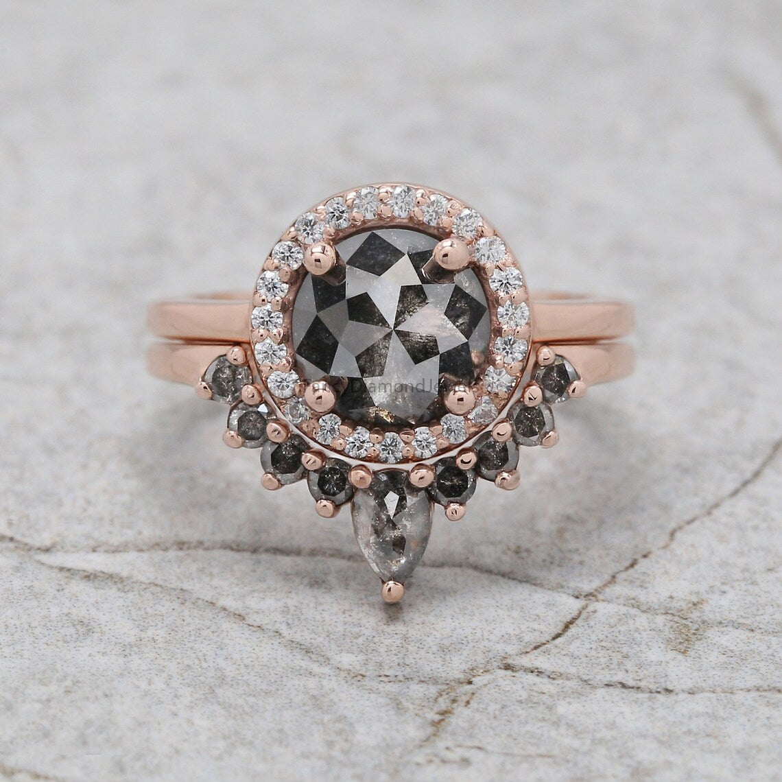 Round Rose Cut Salt And Pepper Diamond Ring 1.86 Ct 7.50 MM Round Diamond Ring 14K Rose Gold Silver Engagement Ring Gift For Her QL1303