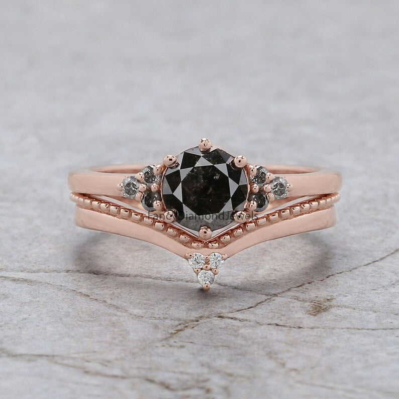 1.02 Ct Natural Round Shape Salt And Pepper Diamond Ring 6.10 MM Round Cut Diamond Ring 14K Solid Rose Gold Silver Engagement Ring QN1453