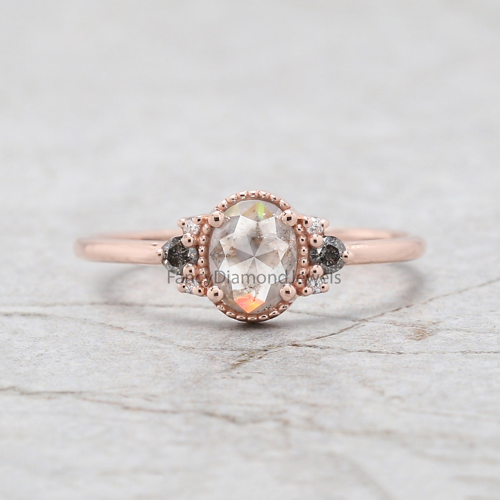 Oval Cut Salt And Pepper Diamond Ring 0.68 Ct 6.27 MM Oval Diamond Ring 14K Solid Rose Gold Silver Oval Engagement Ring Gift For Her QN2185