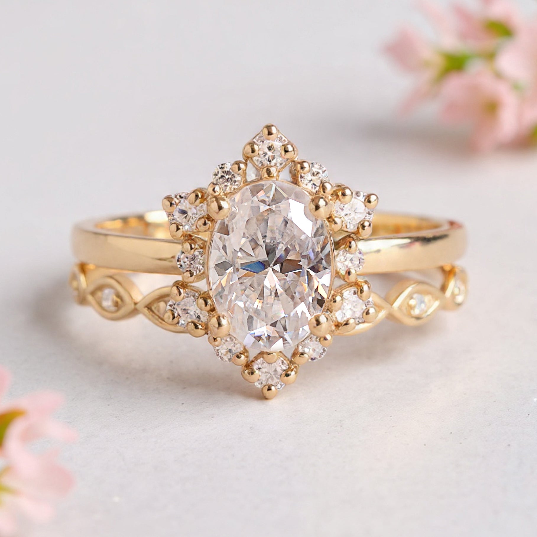 Oval Cut Lab Grown Diamond Engagement Ring Set 0.80 CT Colorless Oval Halo Set Wedding Ring For Women Anniversary Bridal Ring Set FD271