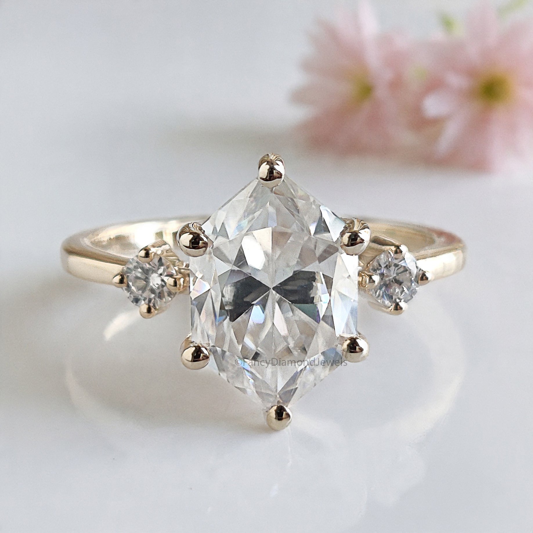 2.35 CT Hexagon cut Lab Grown Diamond Engagement Ring Three Stone Diamond ring Prong Set Hexagon Ring Gift for Her Wedding Ring FD472