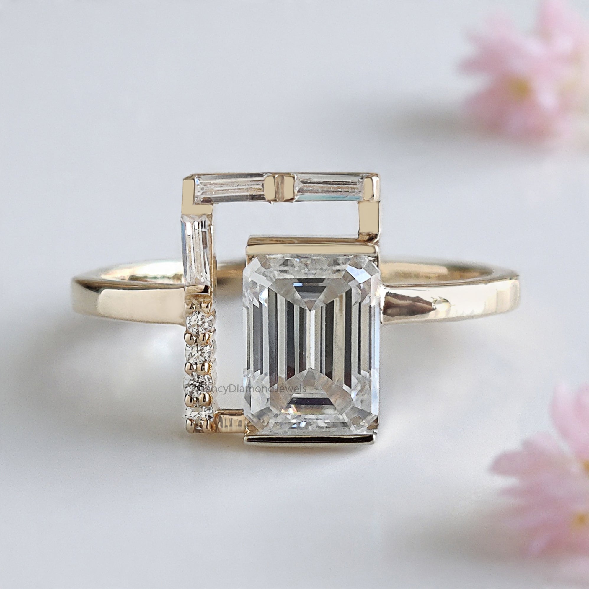 1.05 CT Emerald cut Lab Grown Baguette Diamond Engagement Ring Emerald Diamond Statement ring Half Bezel Set Emerald Ring for Her FD469
