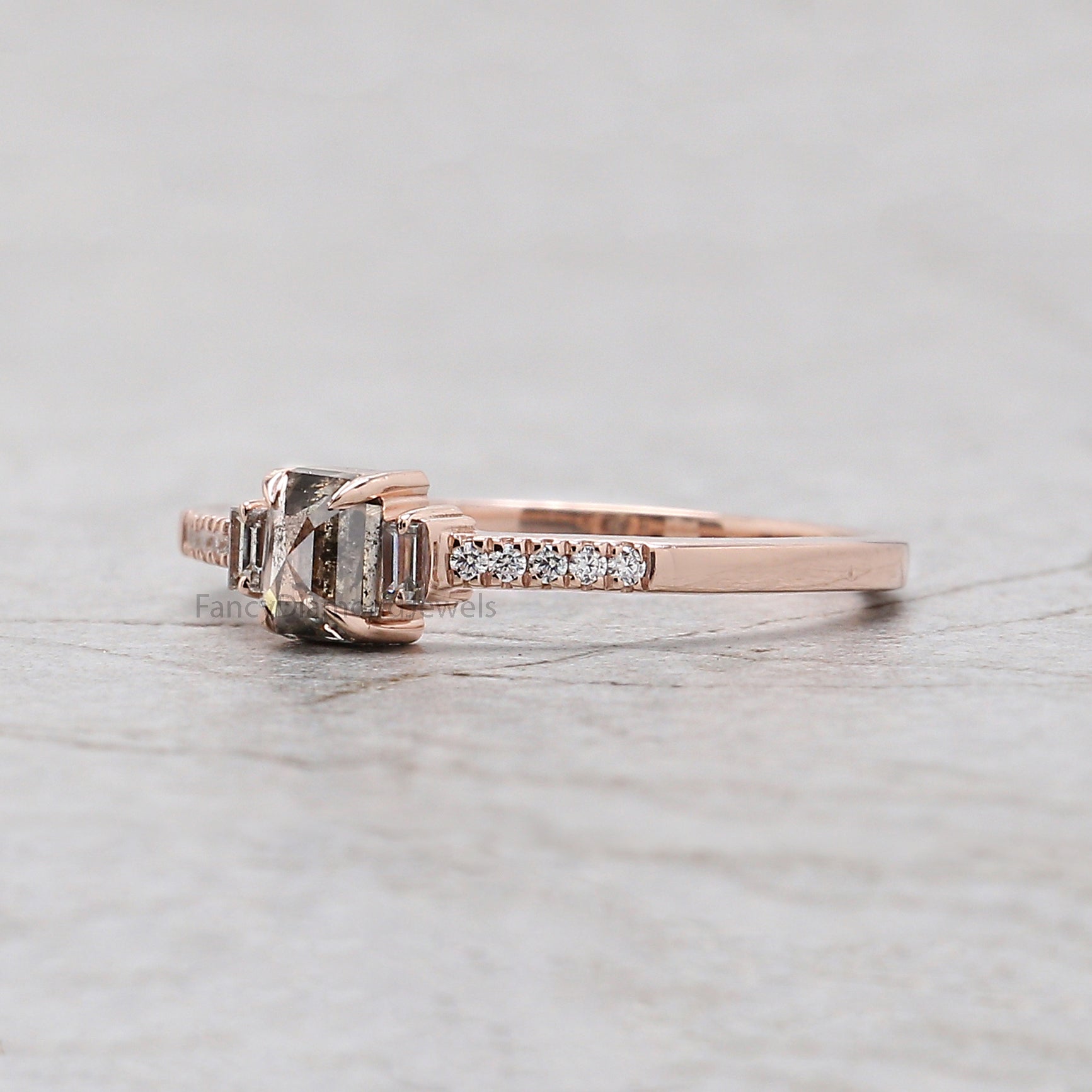Emerald Cut Salt And Pepper Diamond Ring 0.39 Ct 4.55 MM Emerald Diamond Ring 14K Solid Rose Gold Silver Engagement Ring Gift For Her QL239