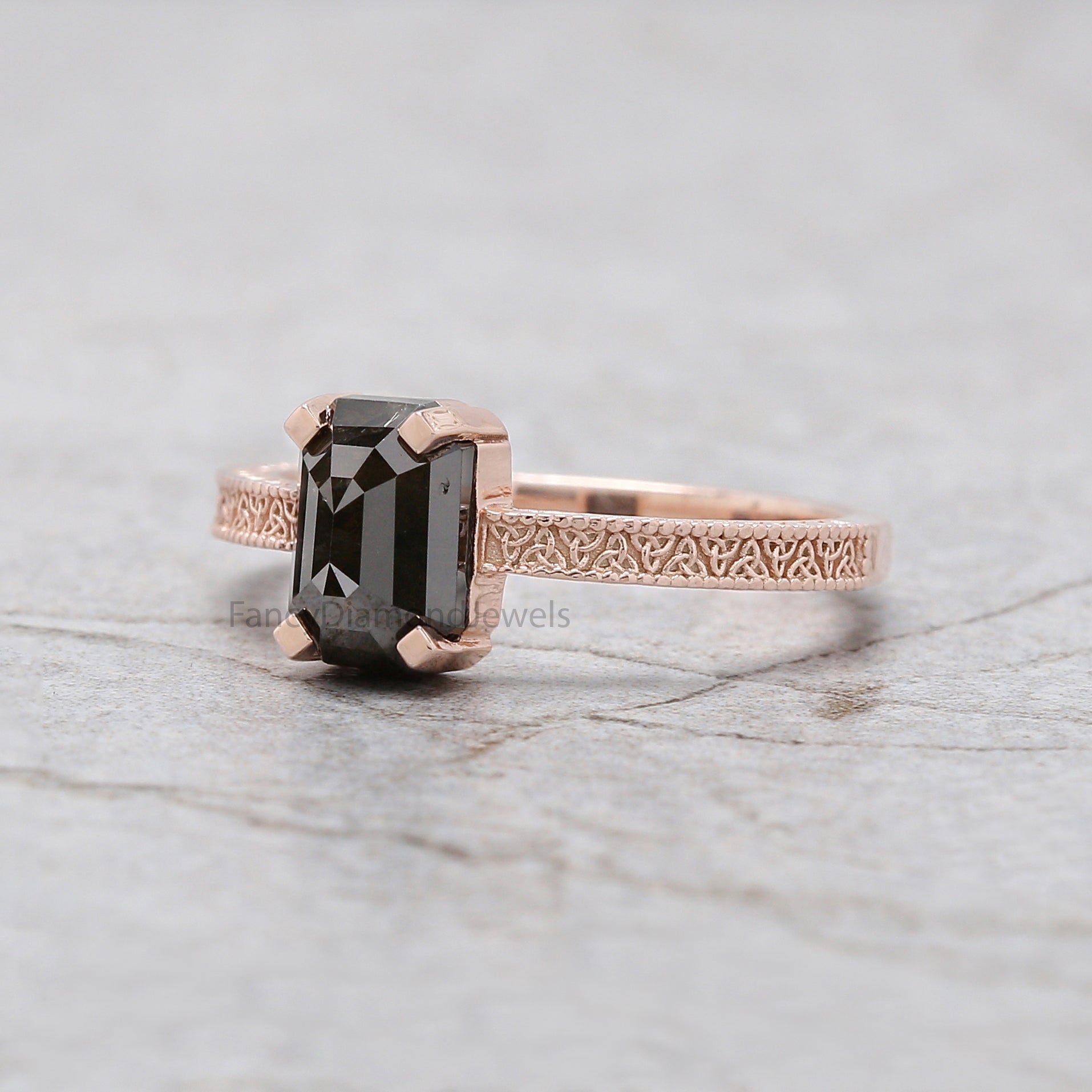 Emerald Black Color Diamond Ring 1.67 Ct 7.82 MM Emerald Shape Diamond Ring 14K Solid Rose Gold Silver Engagement Ring Gift For Her QL2853