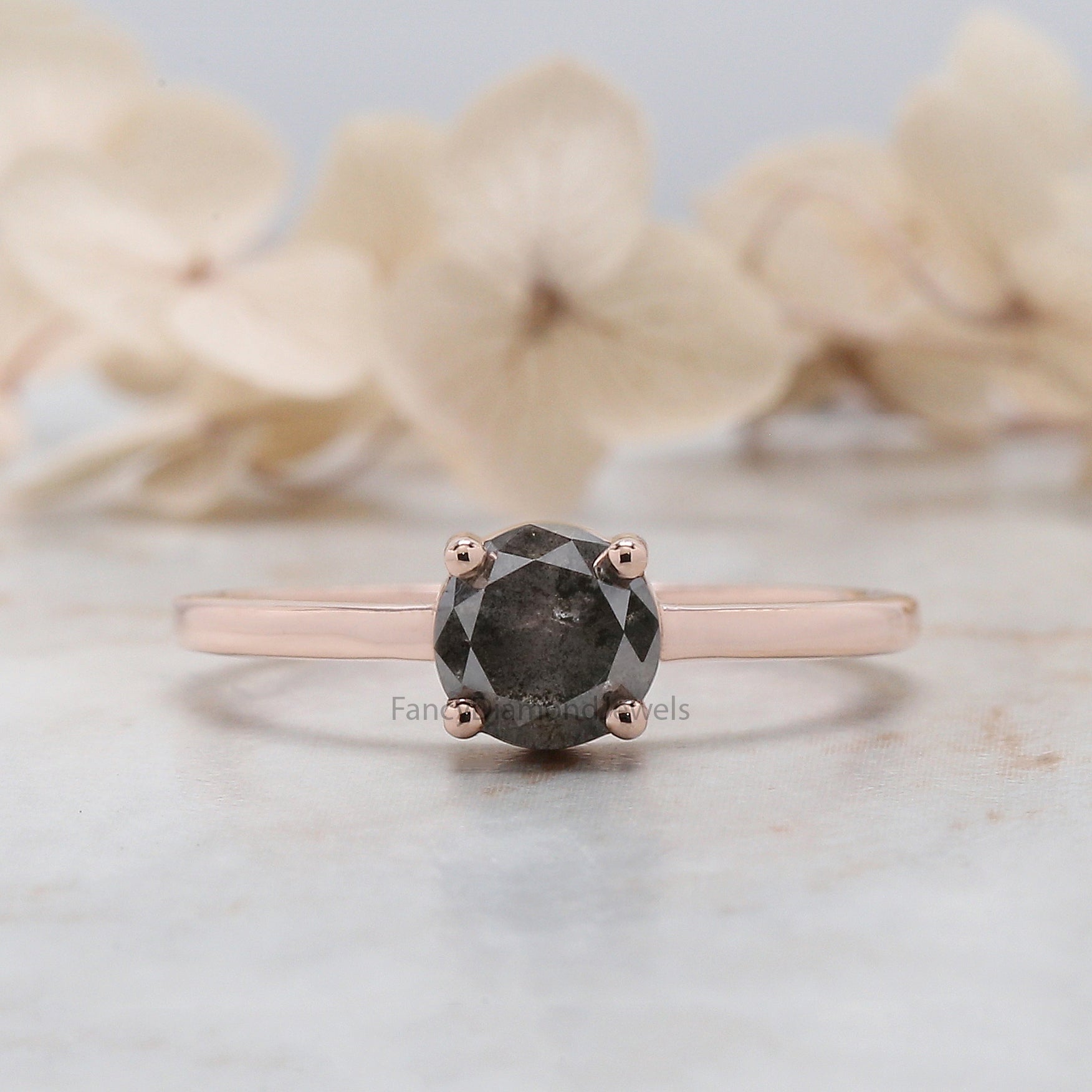 Round Cut Salt And Pepper Diamond Ring 0.87 Ct 5.80 MM Round Diamond Ring 14K Solid Rose Gold Silver Engagement Ring Gift For Her QN9369