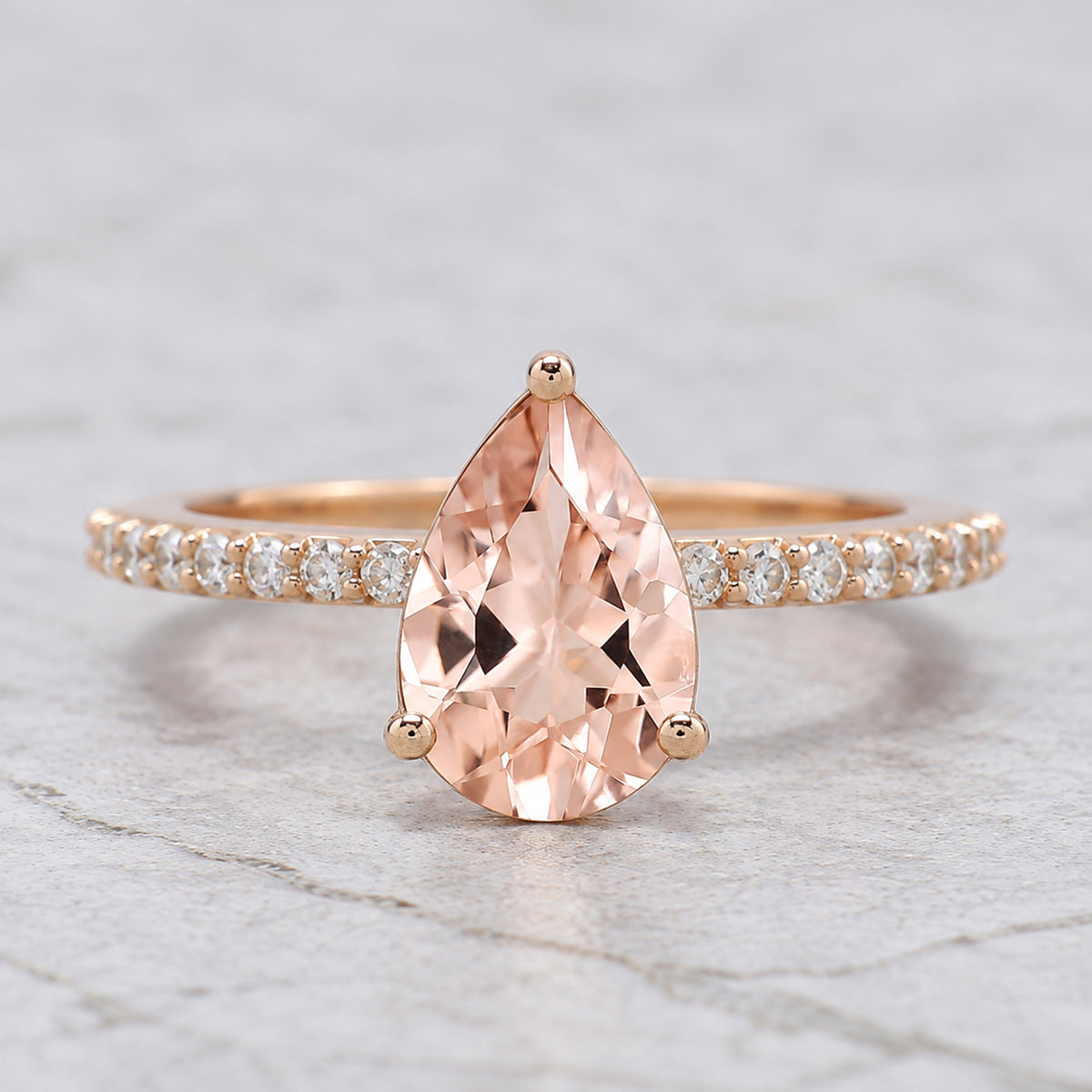 1.49 CT Pear Cut Natural Morganite Engagement Ring Set Rose Gold Ring Morganite Curved Wedding Ring Unique Vintage Ring Gift For Her FD612