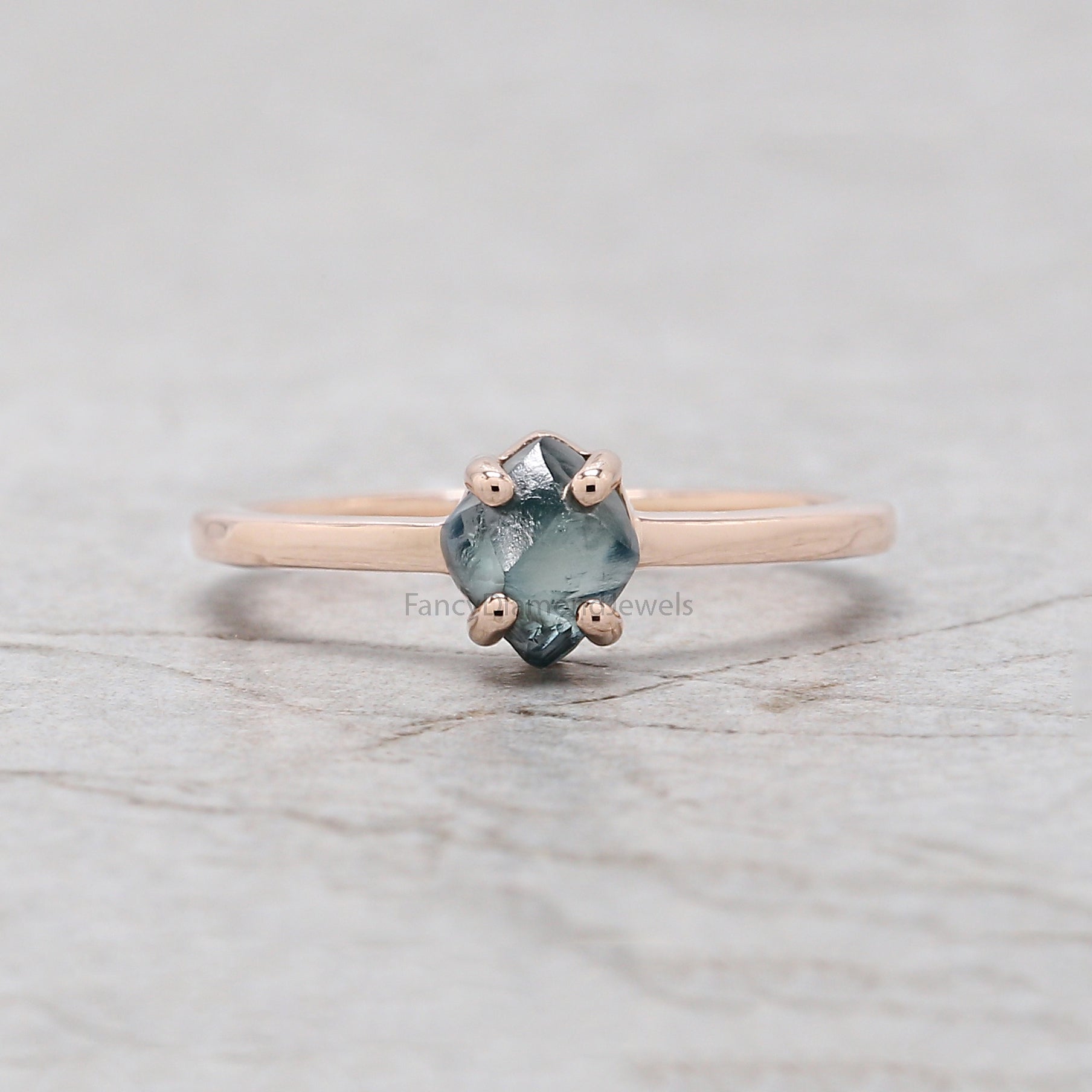 1.05 Ct Natural Rough Cut Blue Color Diamond Ring 6.30 MM Crystal Rough Diamond Ring 14K Solid Rose Gold Silver Engagement Ring QL2344
