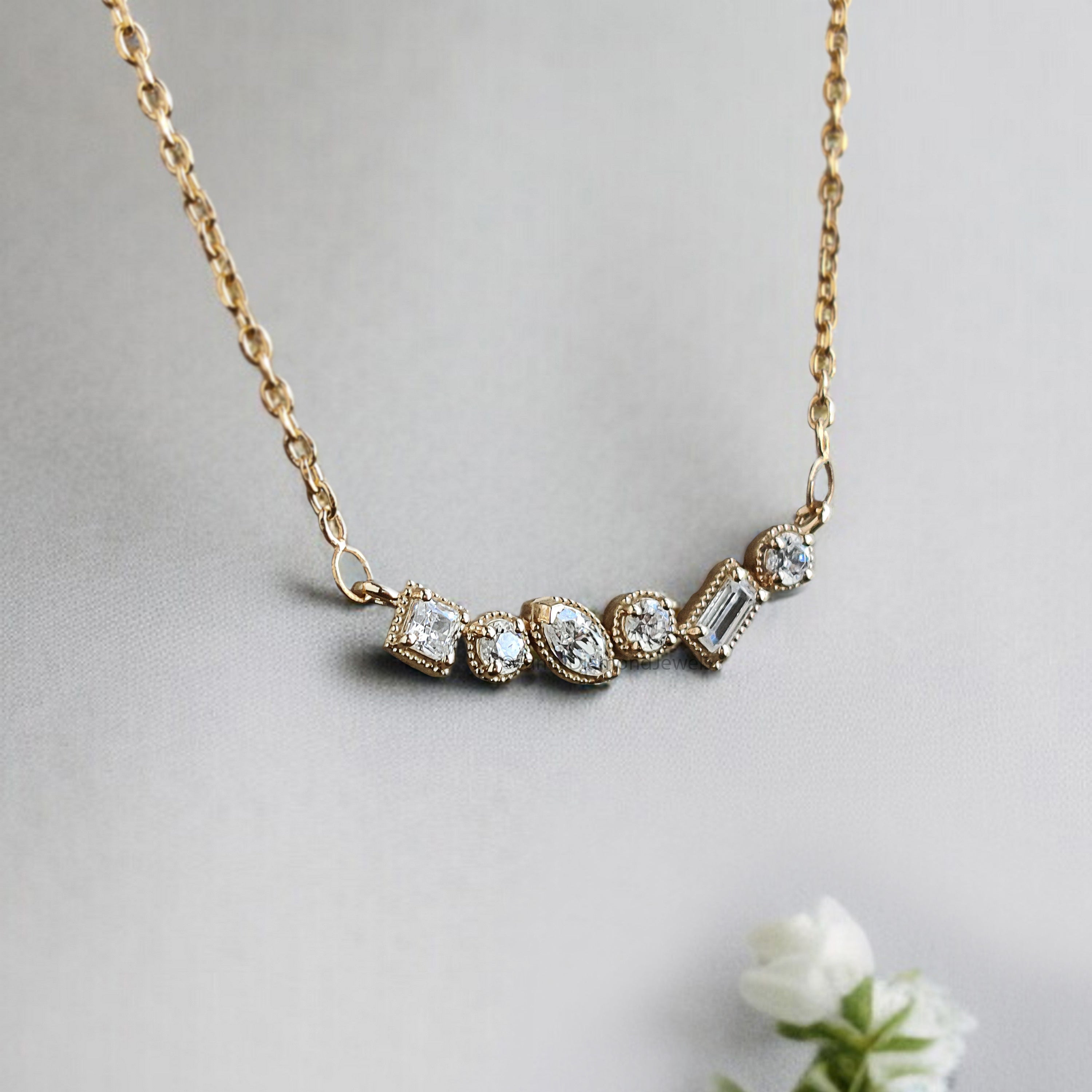 Mix Shape Cut CZ Diamond Necklace Yellow Silver handmade jewelry Necklace Mix Shape prong basket set Necklace With Chain FD482