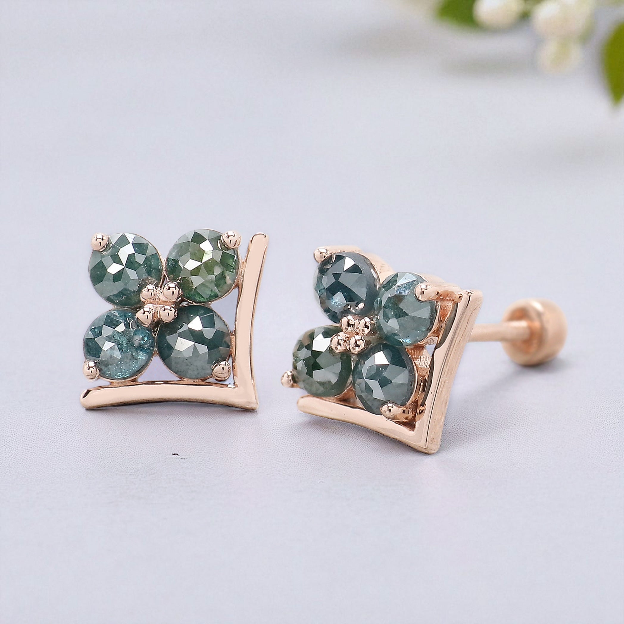 Round Rose Cut Blue Color Diamond Earring Round Rose Shape Earring Prong Earring Engagement Earring Earlobe Earrings Gift For Her KDN7006