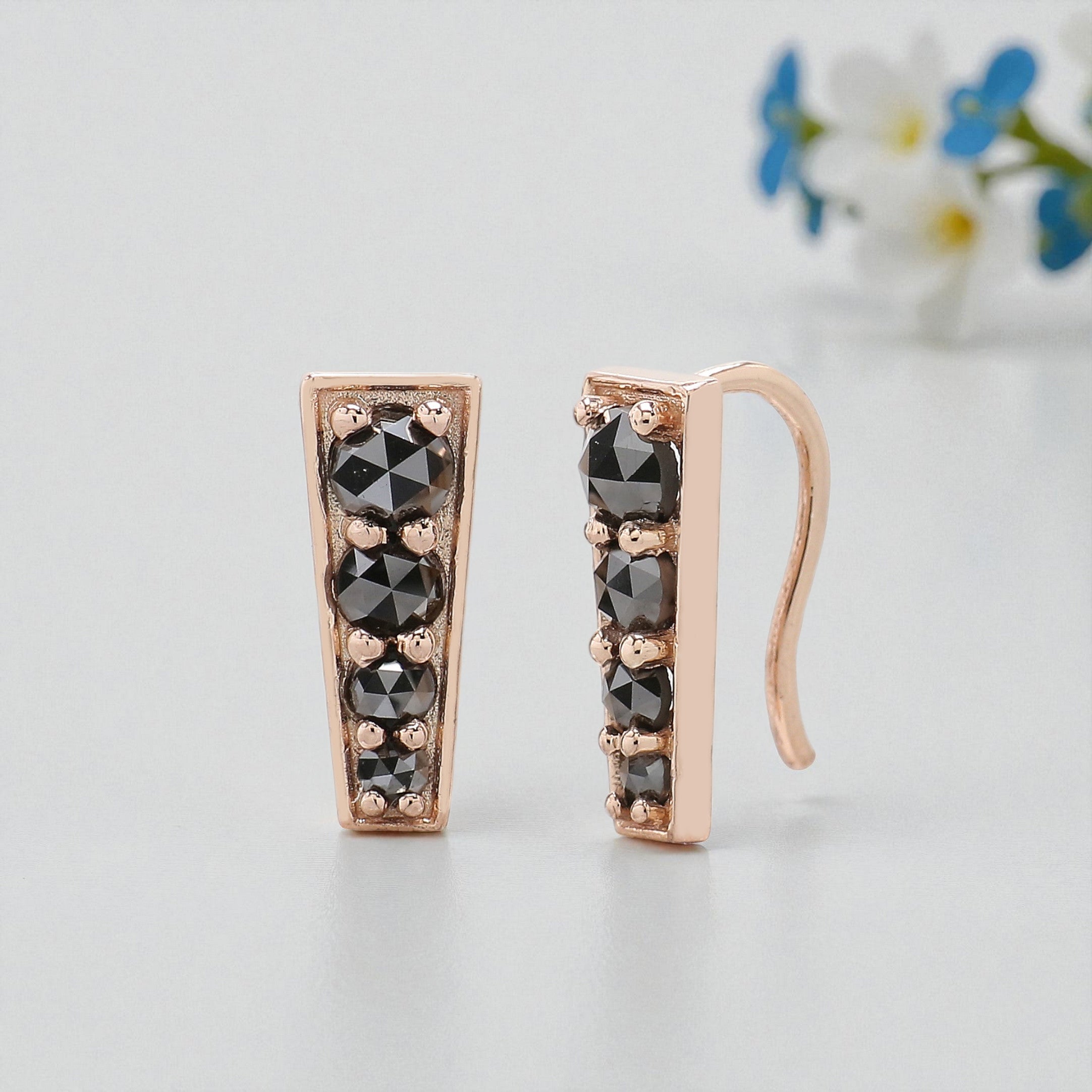 Round Rose Cut Black Color Diamond Earring 0.75 CT Round Diamond Earring 14K Solid Rose Gold Silver Round Cut Earring Gift For Her KD949