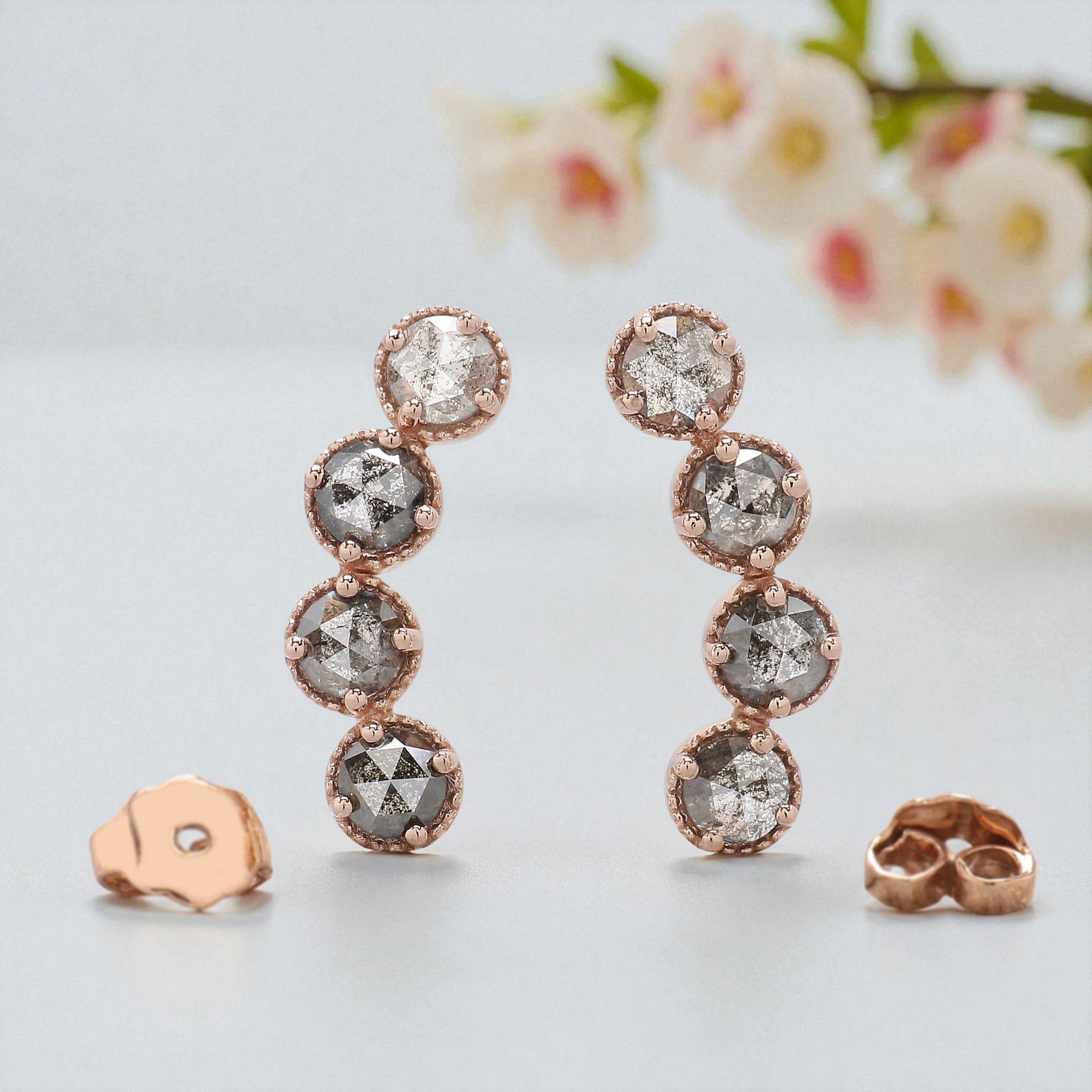 Round Rose Cut Salt And Pepper Diamond Earring 1.40 Ct 3.70 MM Round Diamond Earring 14K Solid Rose Gold Silver Earring Gift For Her KDL2391