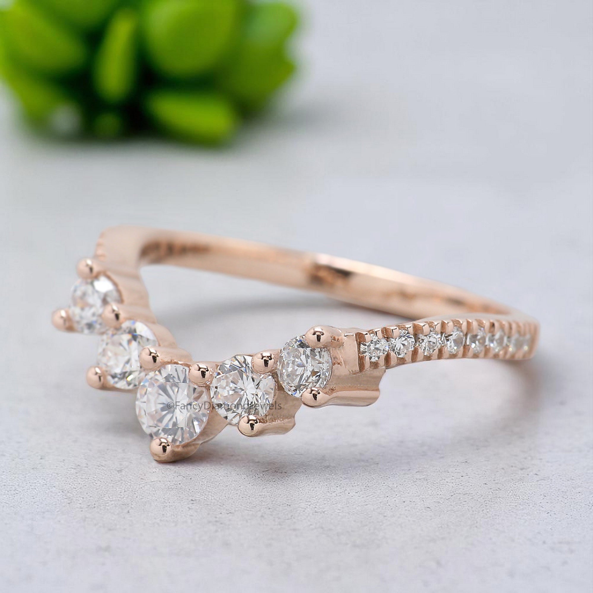 Curved wedding band 0.64 TW Round cut Moissanite ring Chic Thin V Shaped band Silver/10K/14K/18K Band Half eternity Anniversary band FD376