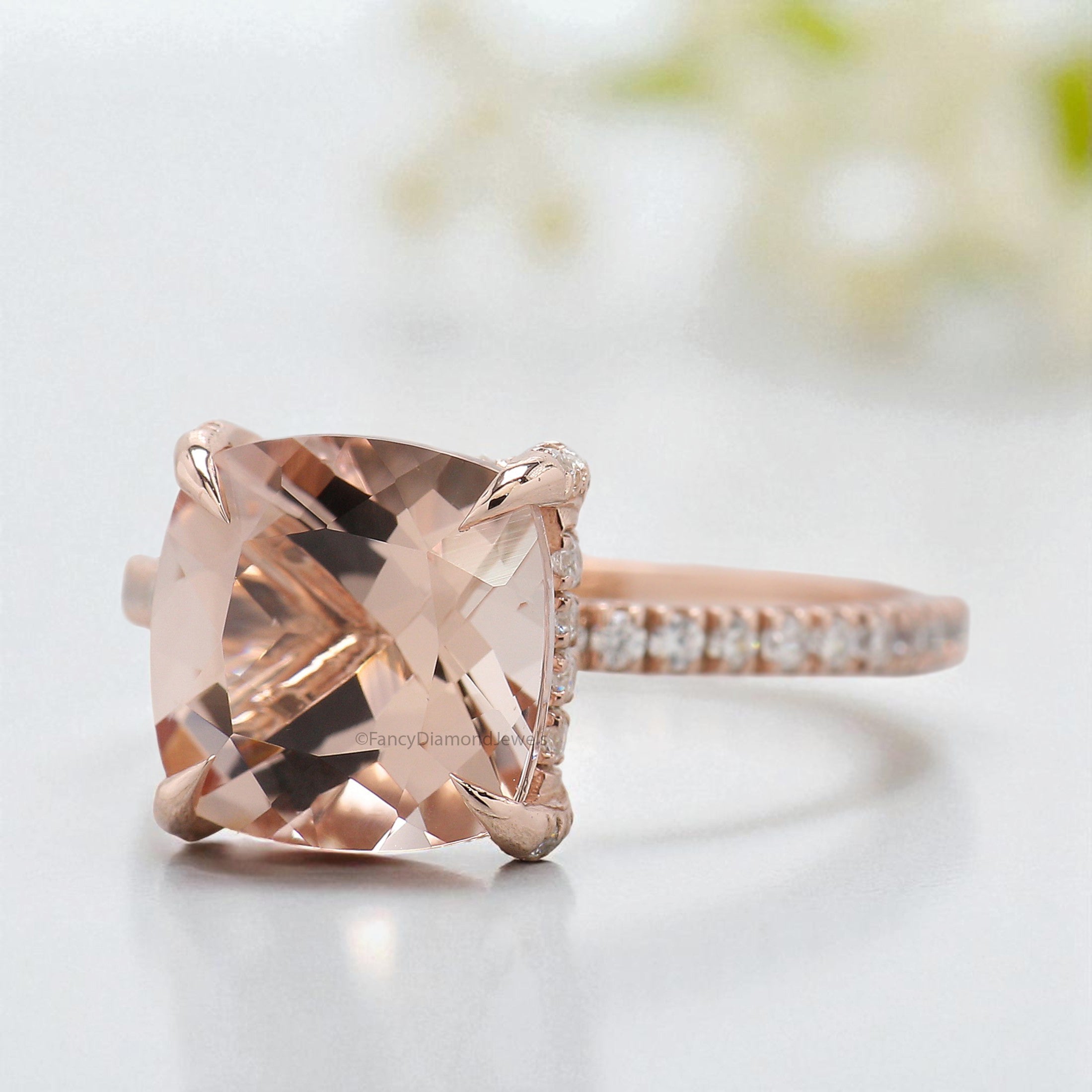 2.85 CT Cushion Cut Natural Morganite Engagement Ring Rose Gold Ring Cushion Wedding Ring Unique Hidden Halo Ring Gift For Her FD446