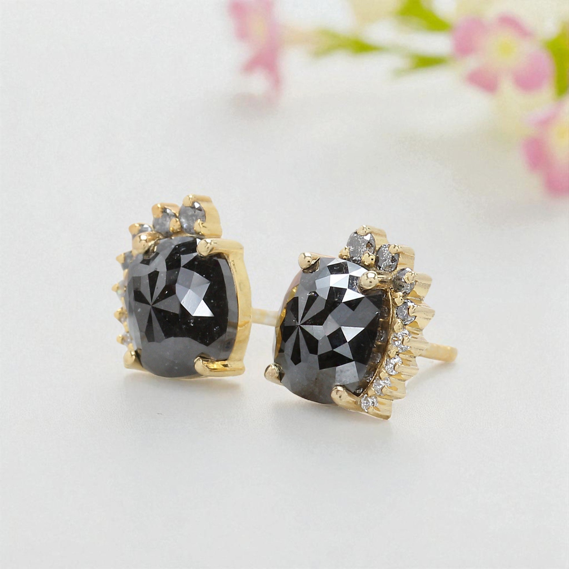 Cushion Black Color Diamond Earring 2.50 Ct 7.30 MM Cushion Diamond Earring 14K Solid Yellow Gold Silver Cushion Earring Gift For Her KD947