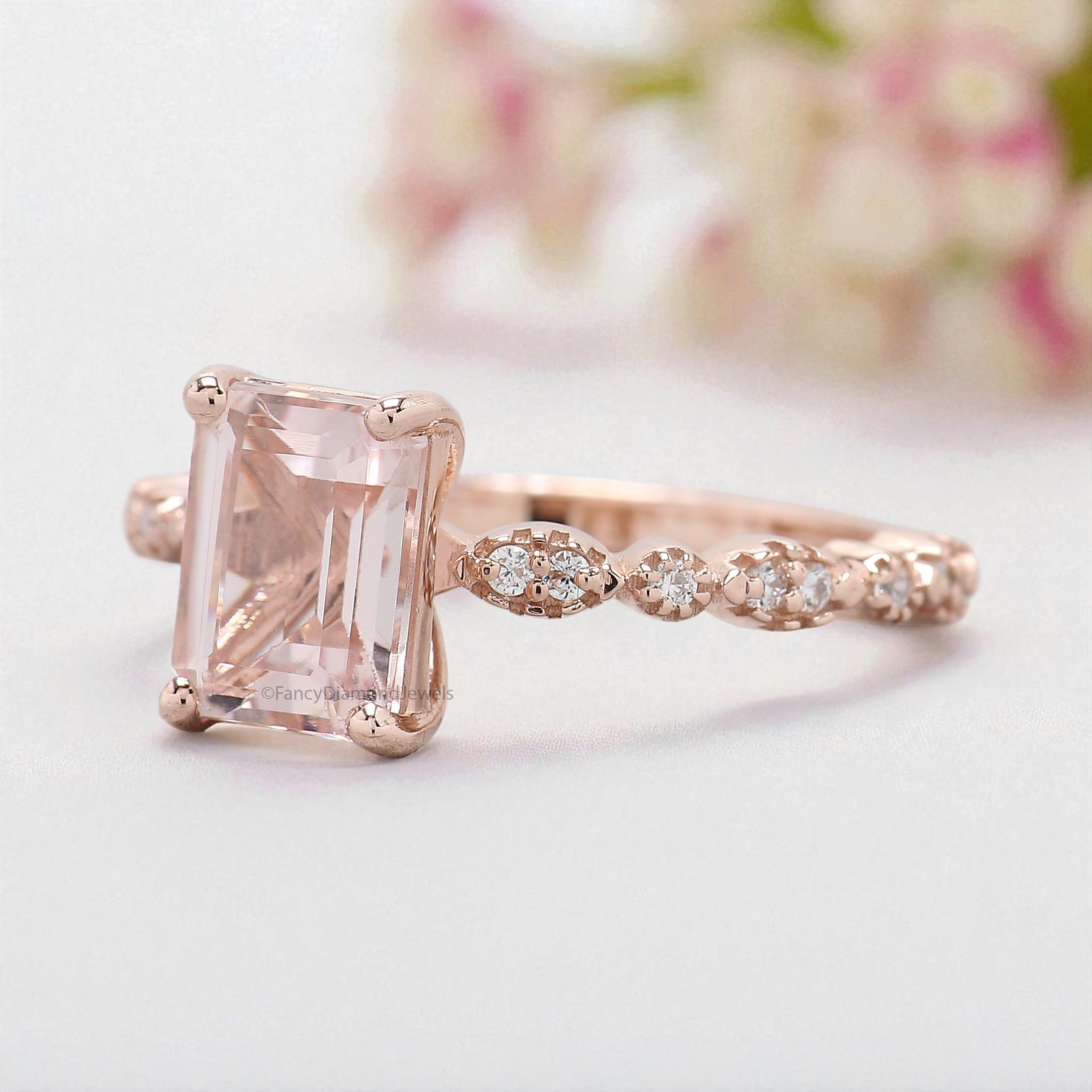 1.58 CT Emerald Cut Natural Morganite Engagement Ring Rose Gold Ring Emerald Diamond Wedding Ring Unique Vintage Ring Gift For Her FD428