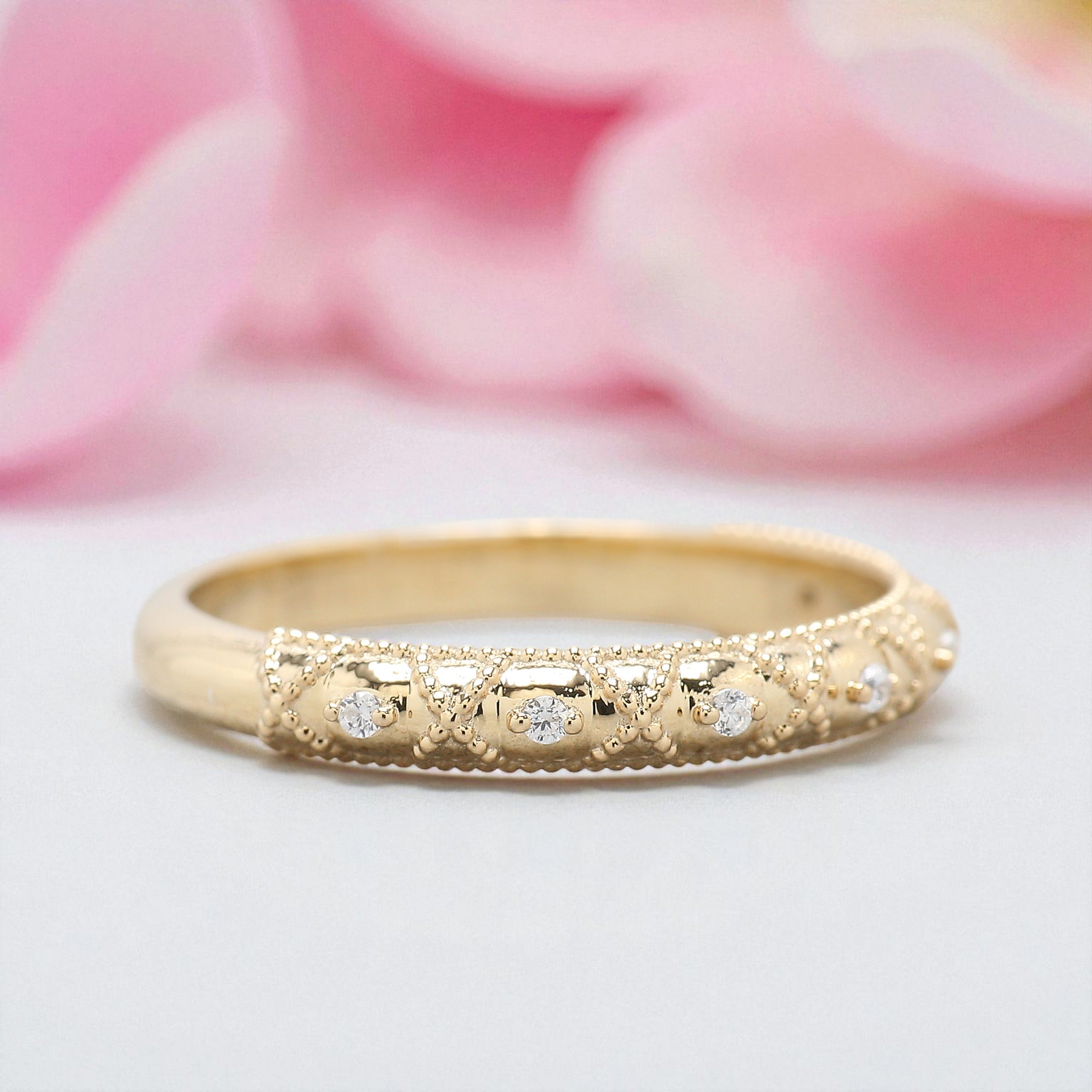 Half Eternity Band Vintage Lab Grown Diamond Wedding Band 14K Solid Gold Milgrain Band Ring Stackable Matching Rings Gift for Women FD453