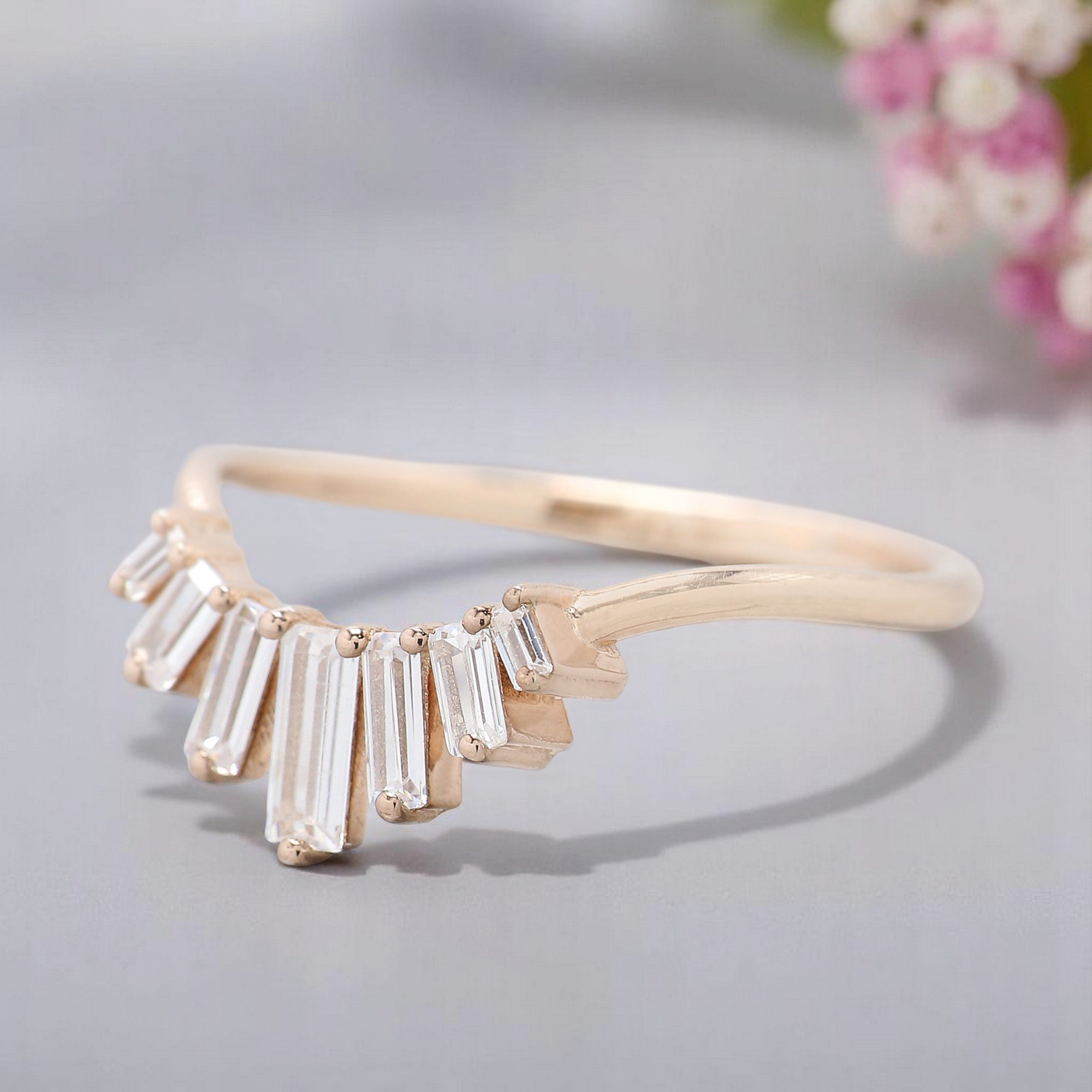 Baguette Colorless Moissanite Diamond Curved Wedding Band 14k Solid Rose/ Yellow/ White Gold 0.75 CT Diamond Band Half Eternity Band KD828