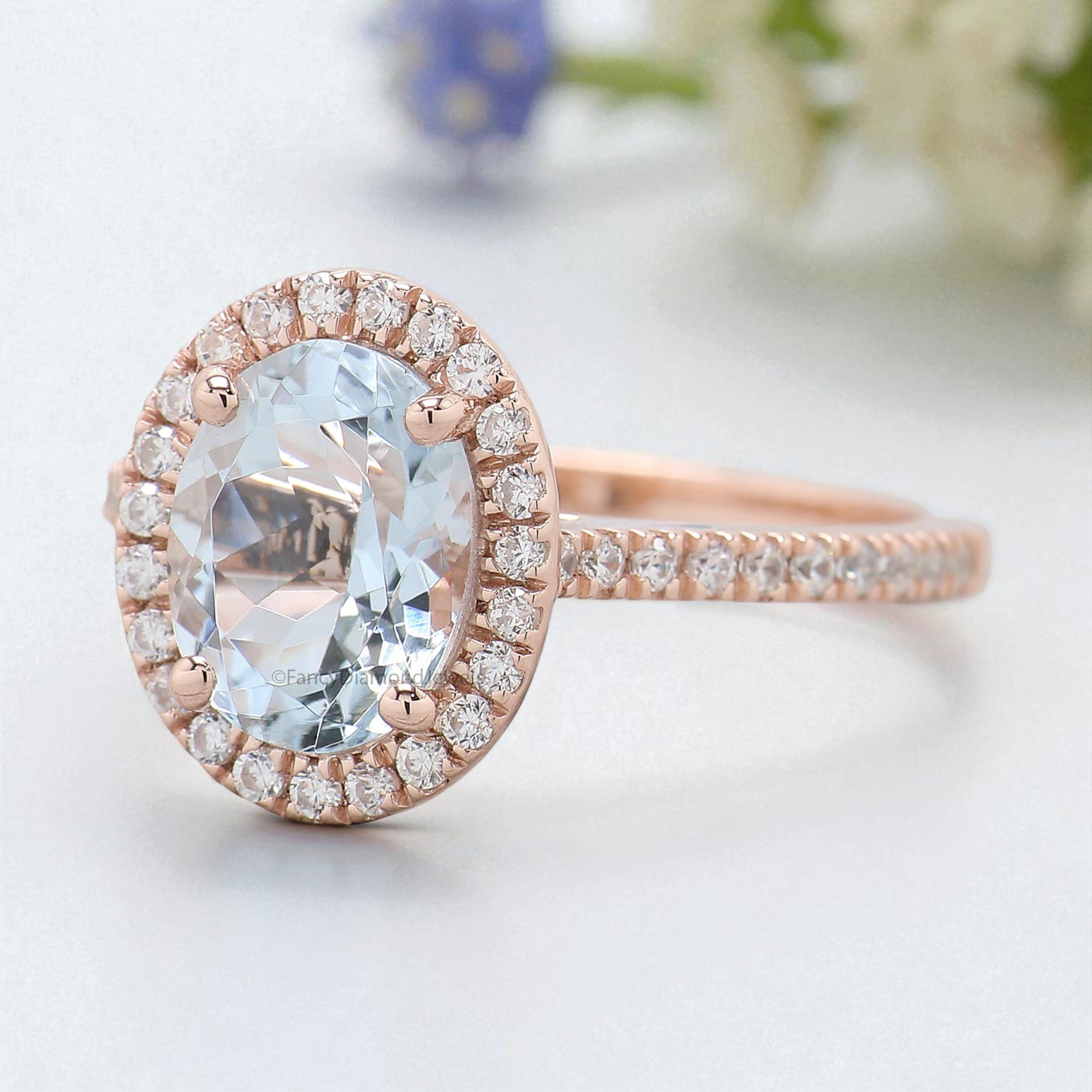 1.75 CT Oval Cut Natural Aquamarine Engagement Ring Rose Gold Ring Oval Diamond Wedding Ring Unique Vintage Halo Ring Gift For Her FD425