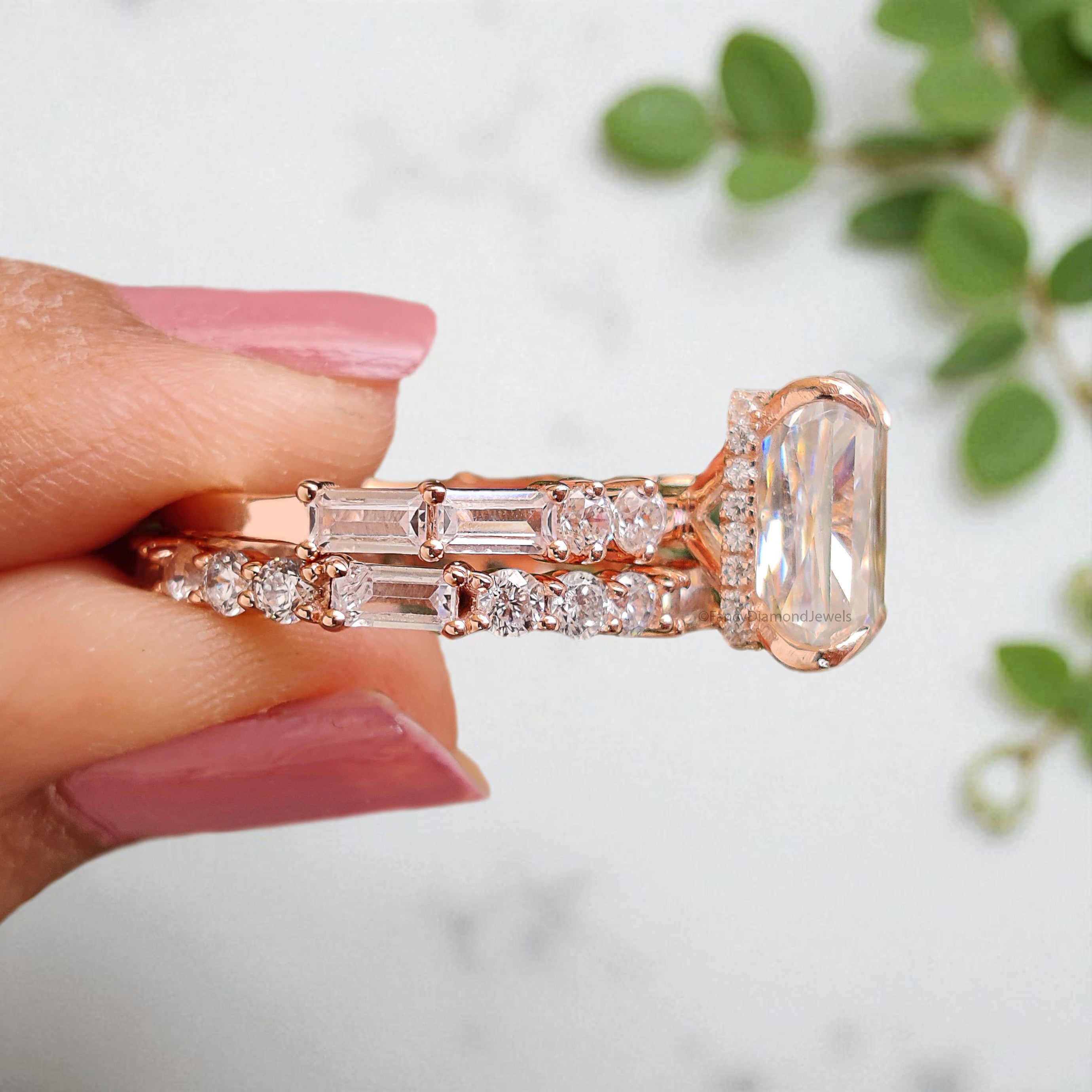 3.70 CT Radiant Cut Colorless Moissanite Bridal Ring Set Engagement Ring Pointed Claw Prong Set Ring Anniversary Ring Rose Gold Ring FD414
