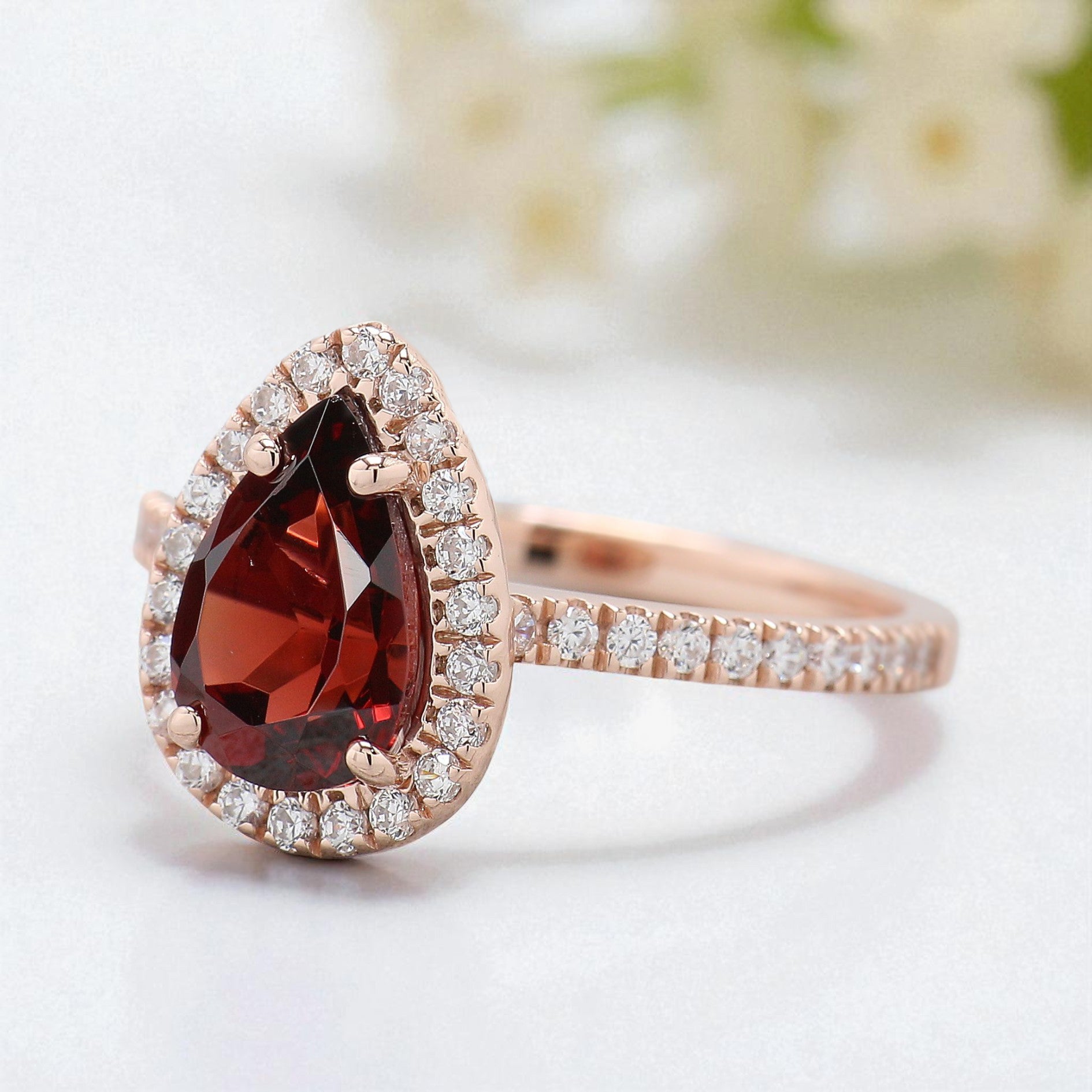 1.60 CT Pear Cut Red Garnet Engagement Ring Rose Gold Ring Pear Shape Diamond Wedding Ring Unique Art Deco Vintage Ring Gift For Her FD424