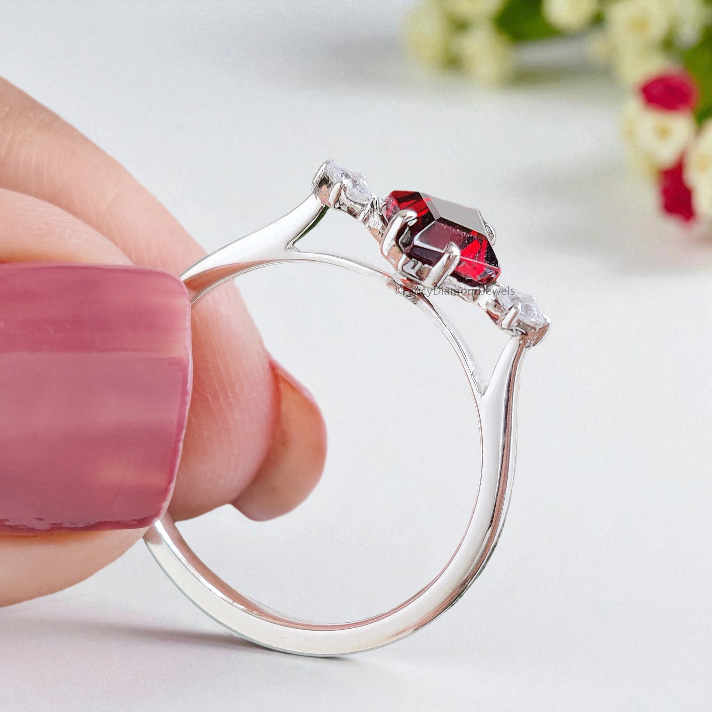 1.15 CT Natural Kite Red Garnet Engagement Ring White Gold Ring Kite Cut Diamond Wedding Ring Unique Art Deco Vintage Ring Gift For Her FD432