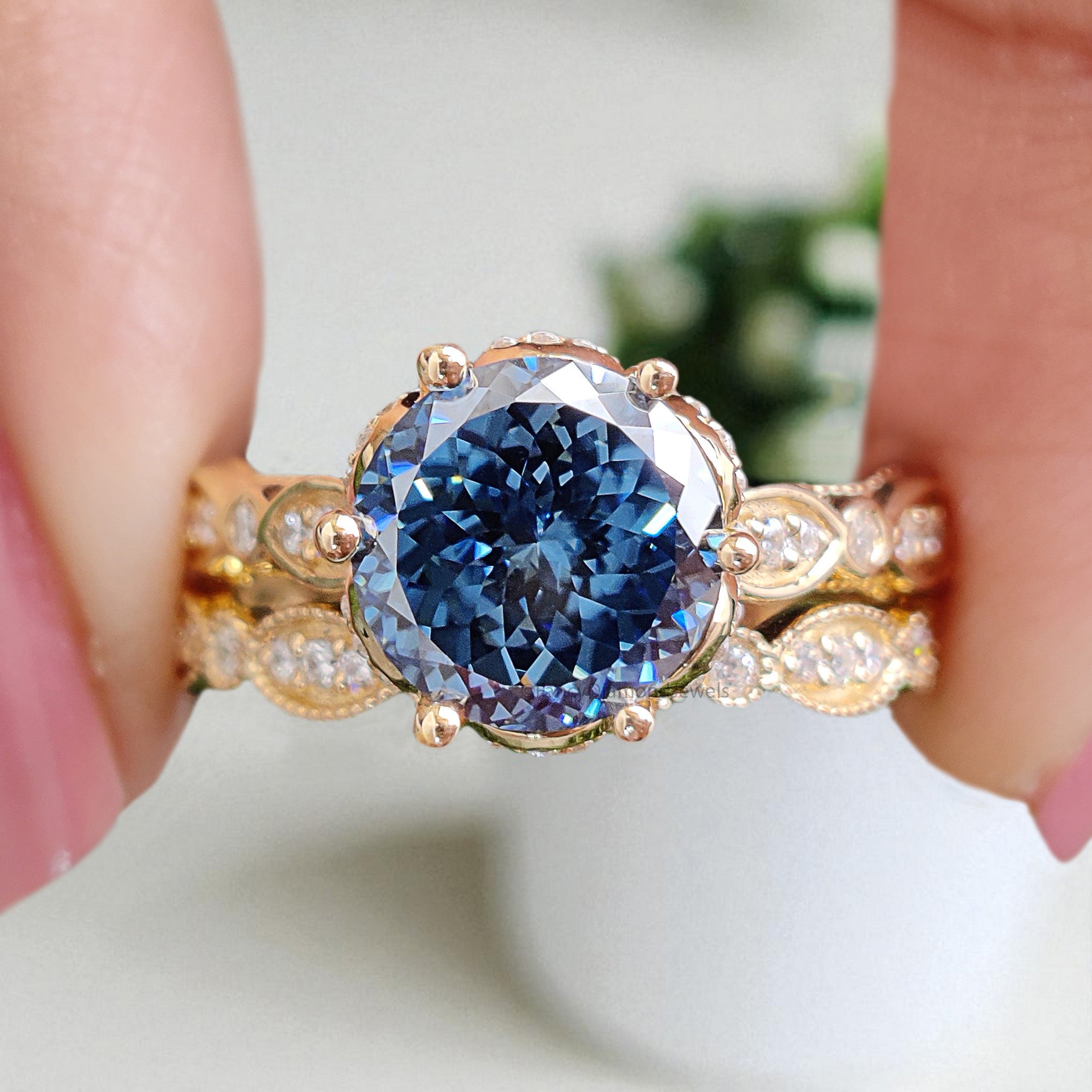 Antique Round Portuguese Cut Royal Blue Moissanite Engagement Ring 6 Prong Hidden Halo Ring With Full Eternity Scalloped Wedding Band FD407