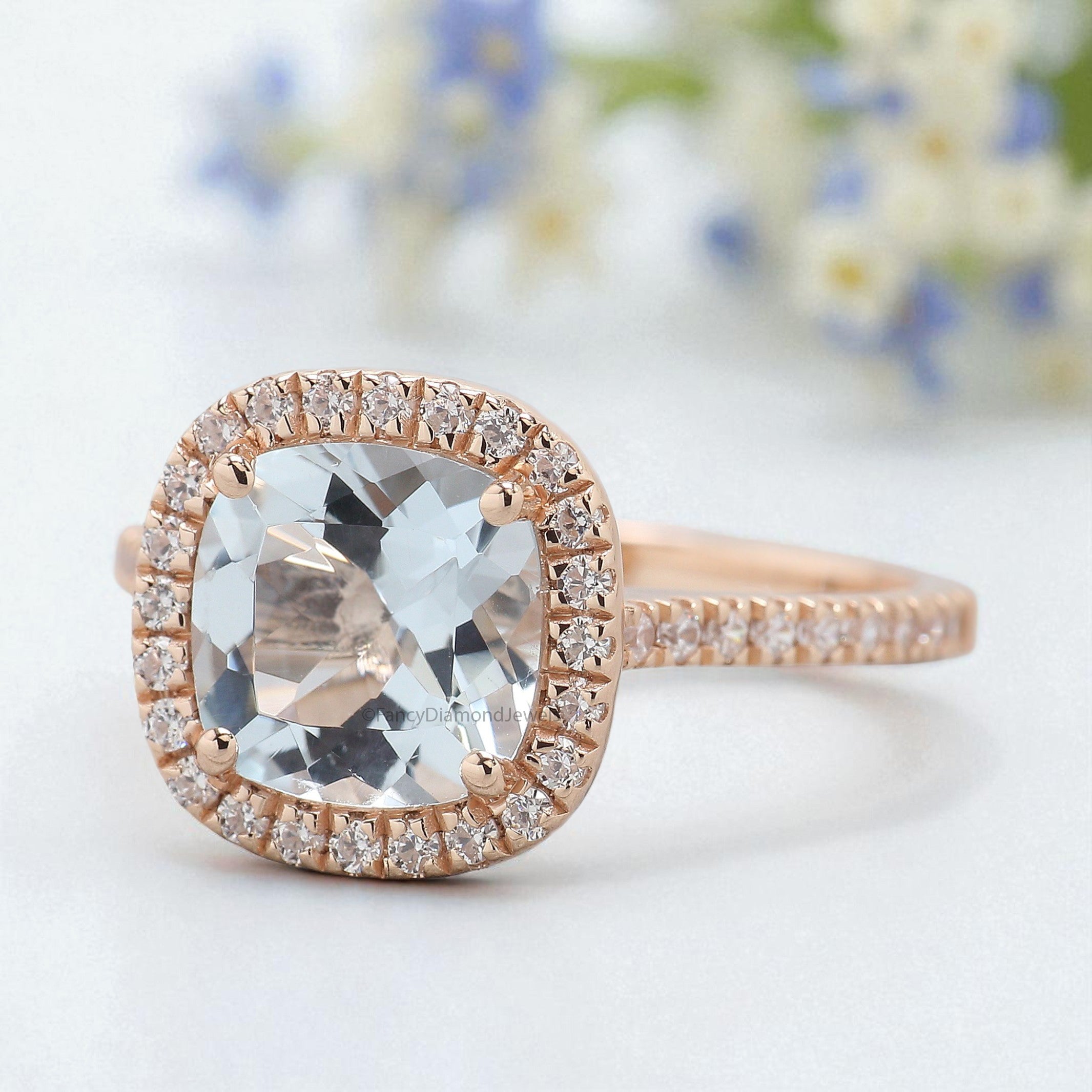 1.60 CT Cushion Natural Aquamarine Engagement Ring Rose Gold Ring Cushion Diamond Wedding Ring Unique Vintage Halo Ring Gift For Her FD431