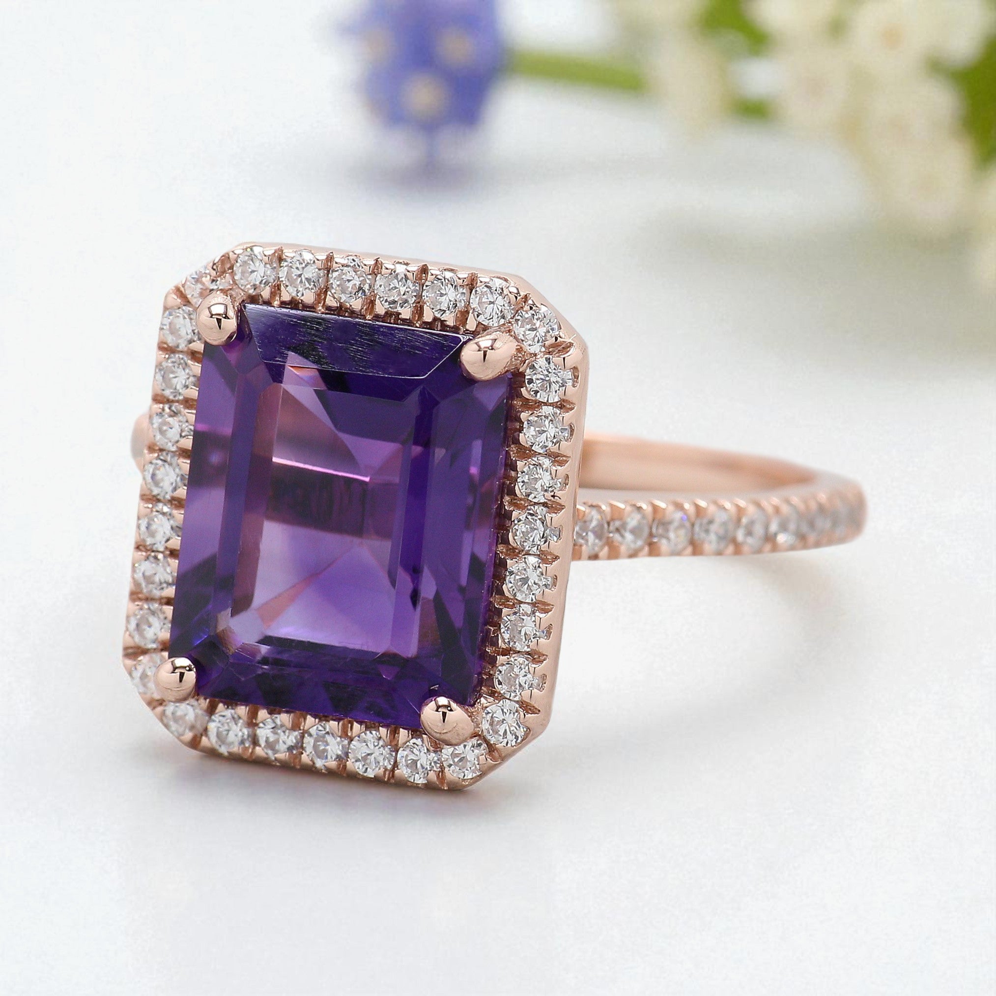 3.40 CT Emerald Cut Purple Amethyst Engagement Ring Rose Gold Ring Emerald Shape Diamond Wedding Ring Unique Vintage Ring Gift For Her FD423