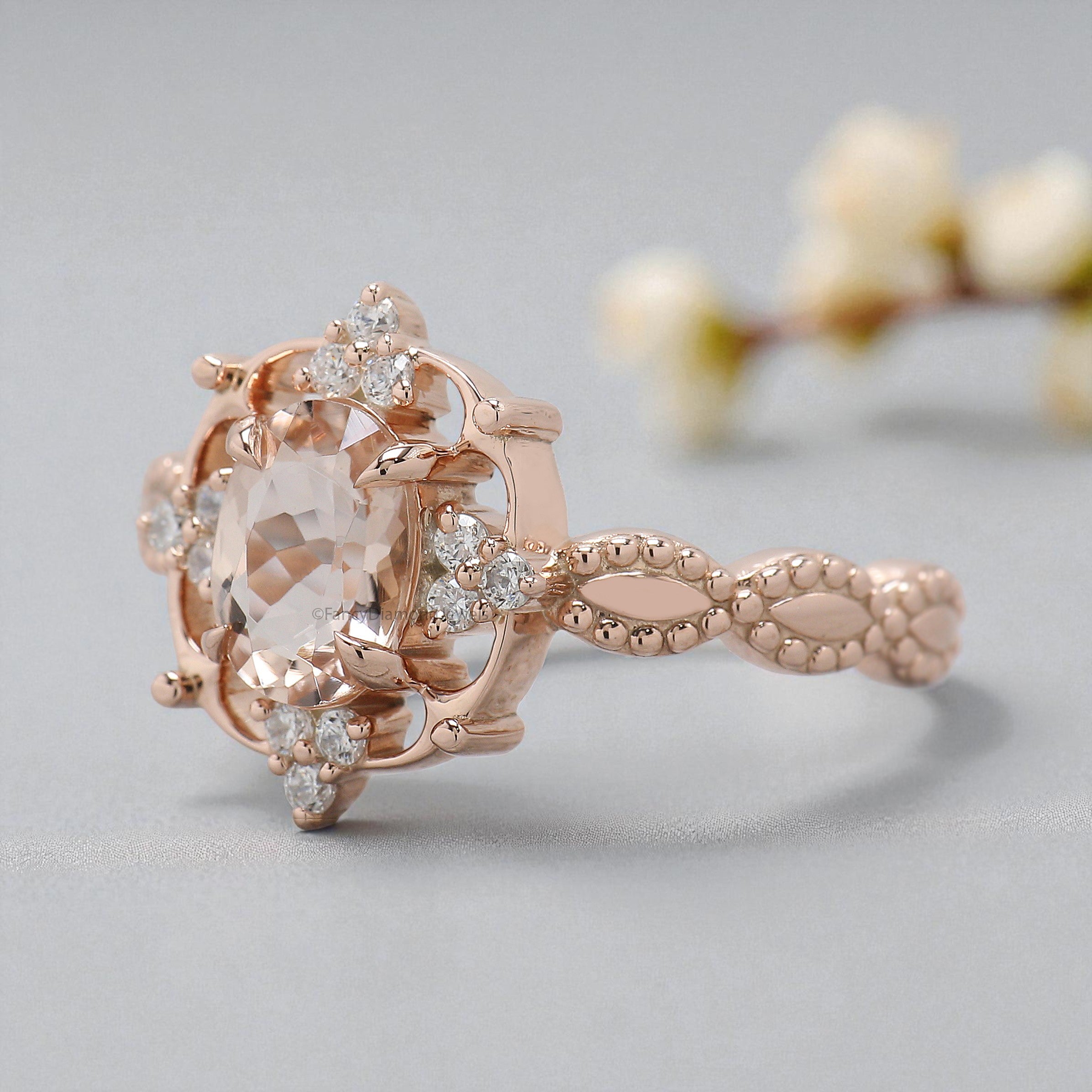 0.70 CT Oval Cut Natural Morganite Engagement Ring Rose Gold Ring Oval Shape Wedding Ring Unique halo Starburst Ring Gift For Her FD452