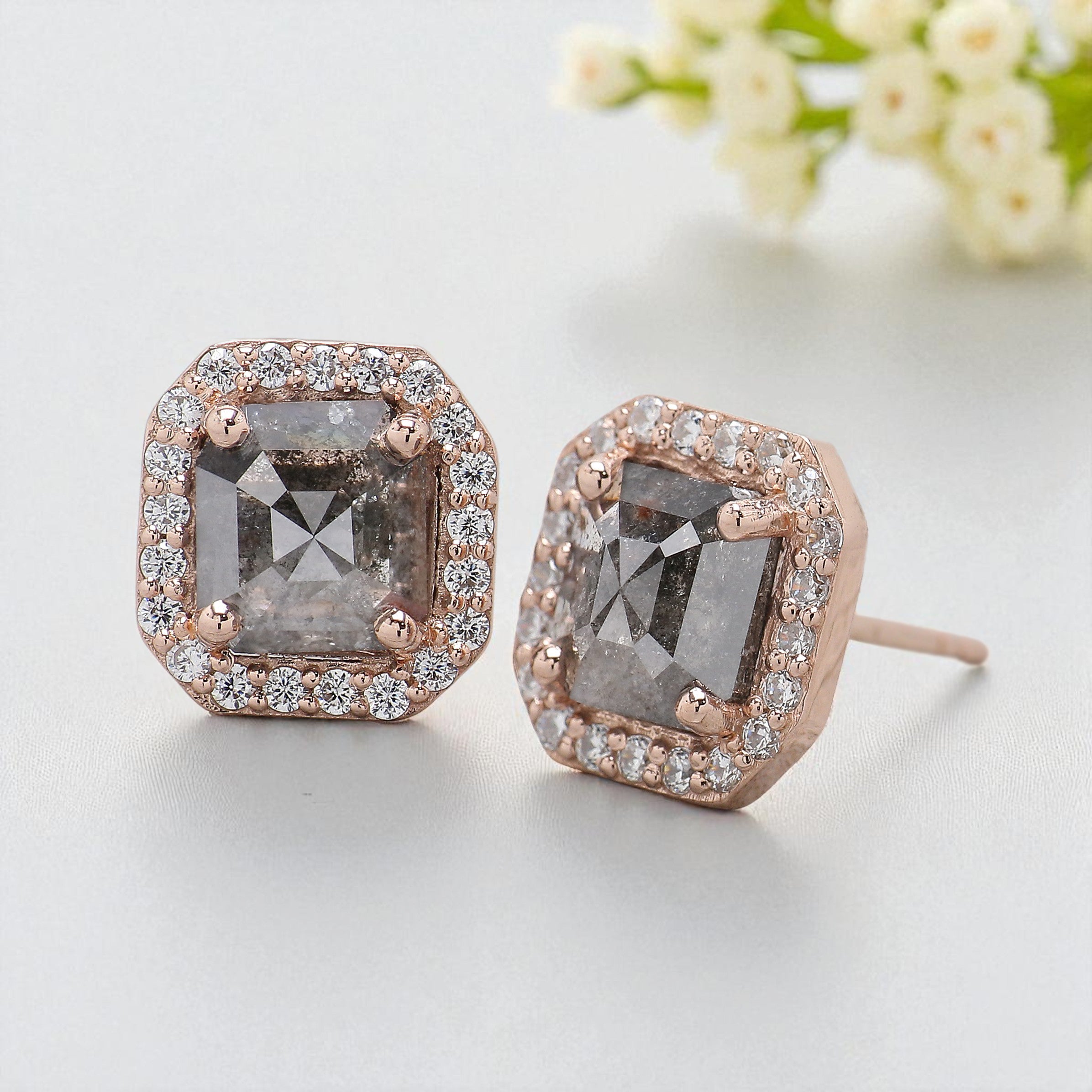 Emerald Shape Salt And Pepper Diamond Earring Emerald Earring Halo Set Earring Engagement Earring Earlobe Earrings Gift For Her KD860