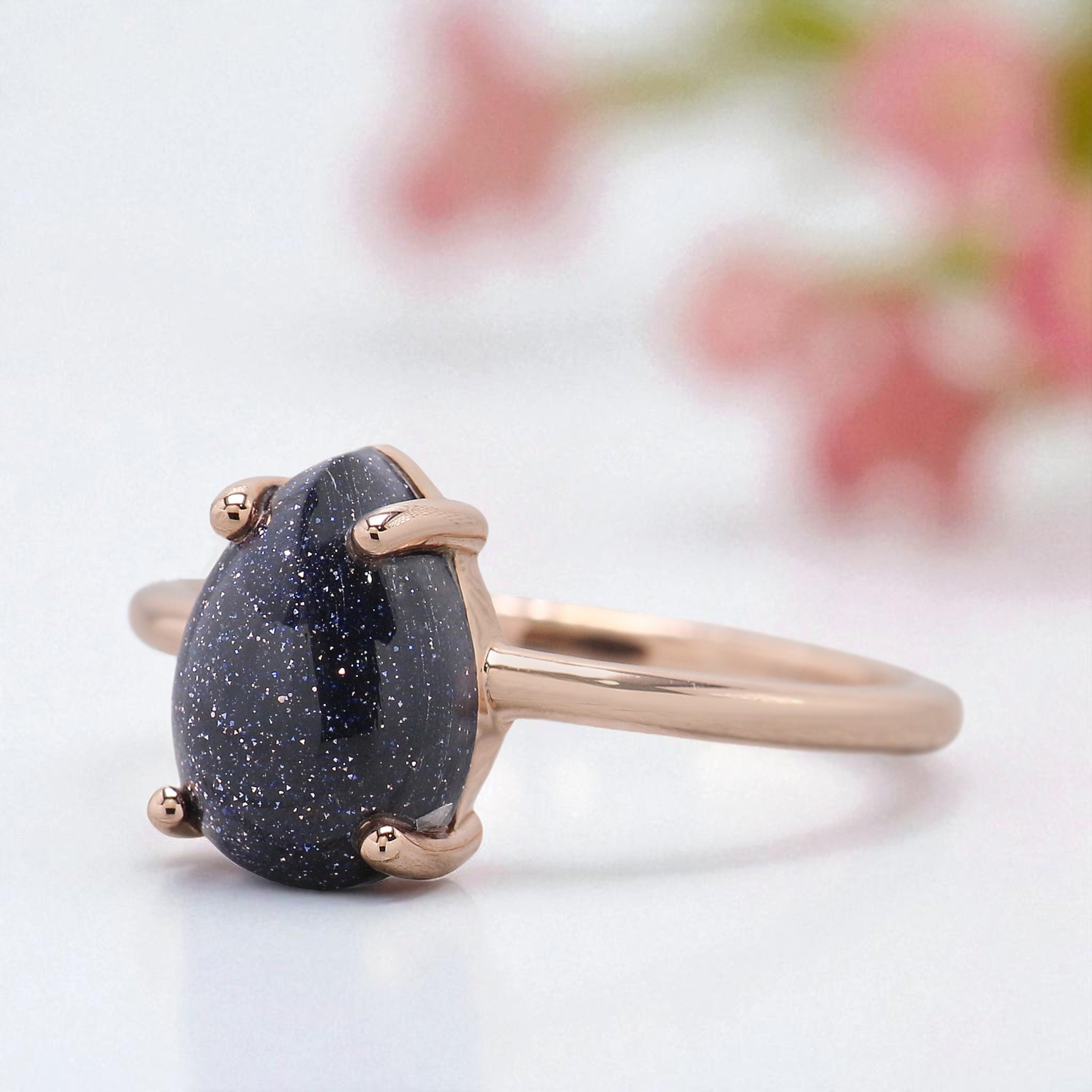 2.00 CT Unique Pear Cut Blue Sand Stone Cabochon Engagement Ring Rose Gold Ring Beautiful Blue Pear Sun Star Wedding Ring FD437