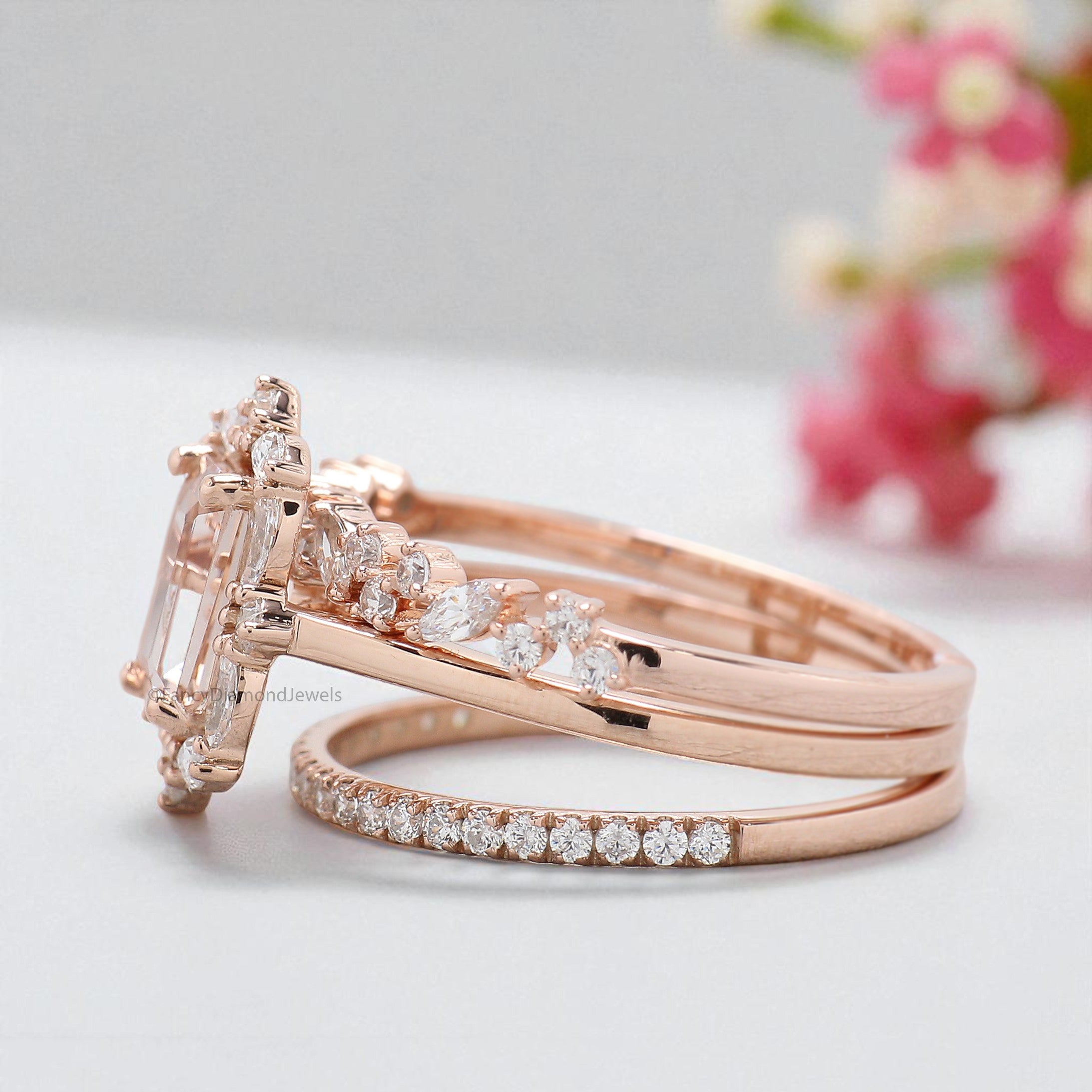 0.95 CT Emerald Shape Morganite Engagement Ring Set Unique art deco Marquise halo Starburst Ring Round wedding ring Gift For Her FD440