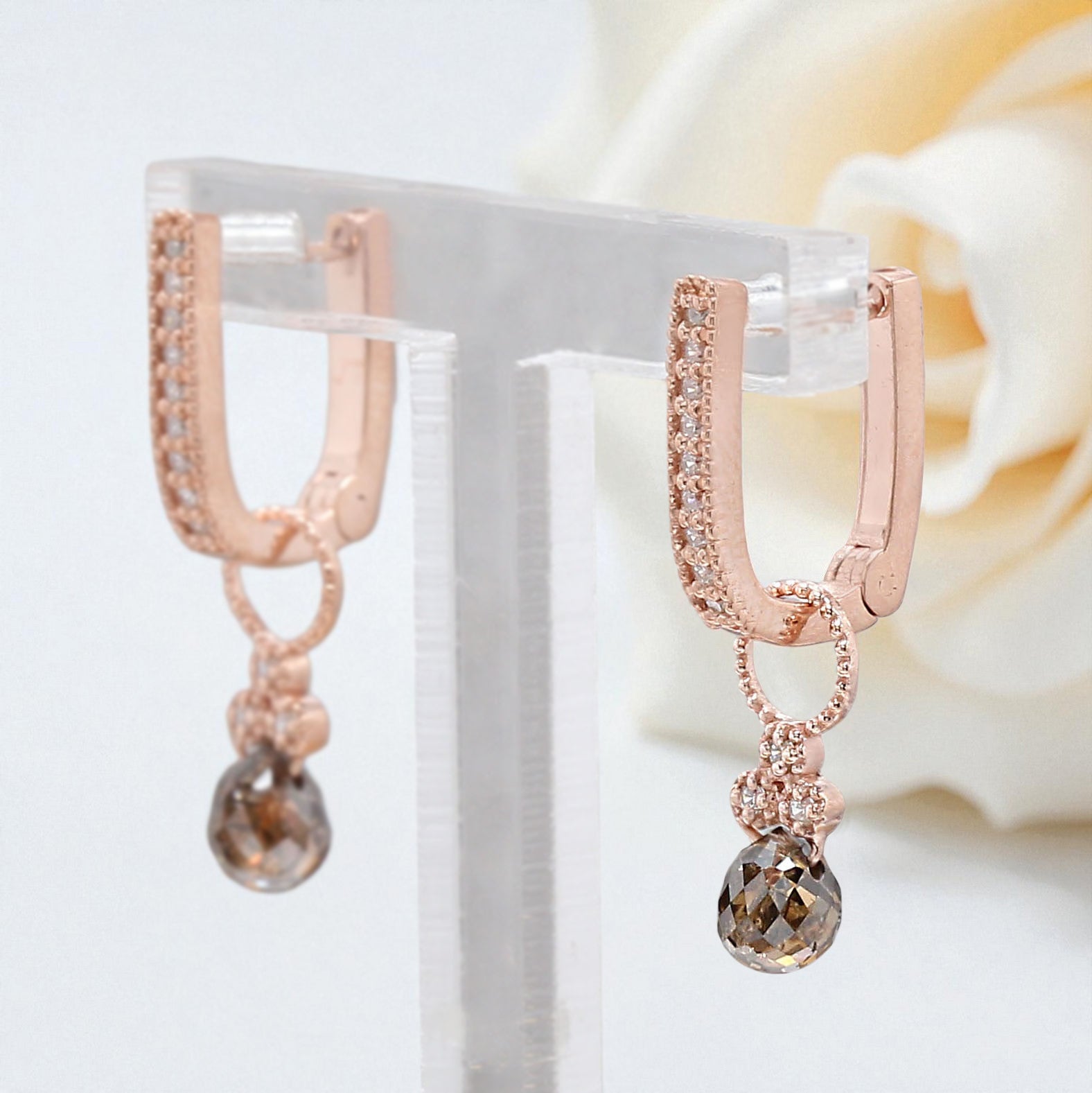 Drop Cut Brown Color Diamond Earring 1.23 Ct 4.85 MM Drop Diamond Earring 14K Solid Rose Gold Silver Engagement Earring Gift For Her KDK2275