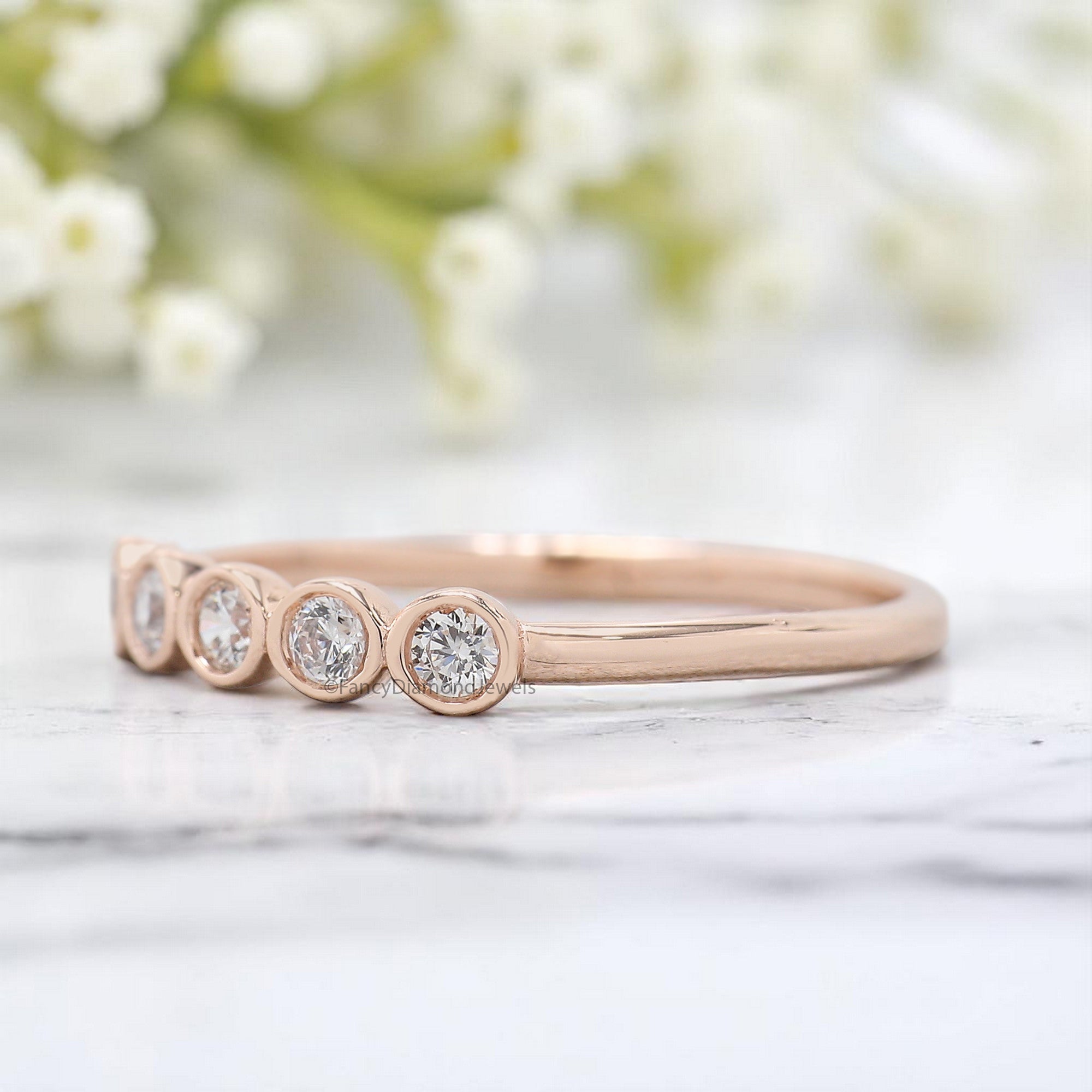 Bezel Set 5 Moissanite Diamond Wedding Band Silver/10K/14K/18K Gold Half Eternity Minimalist stacking dainty matching anniversary ring KD890