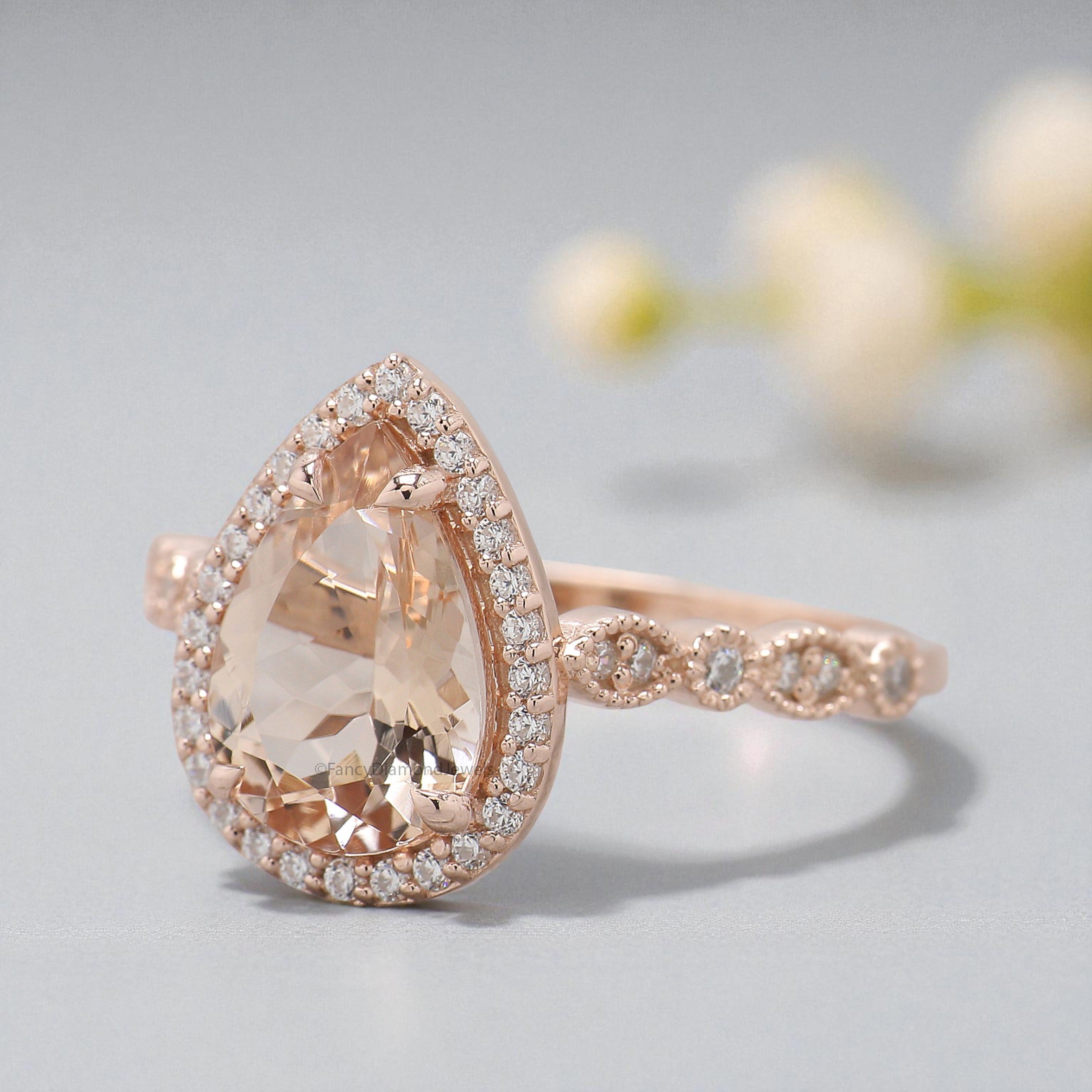 1.50 CT Pear Cut Natural Morganite Engagement Ring Rose Gold Ring Pear Shape Wedding Ring Unique Vintage Halo Ring Gift For Her FD450