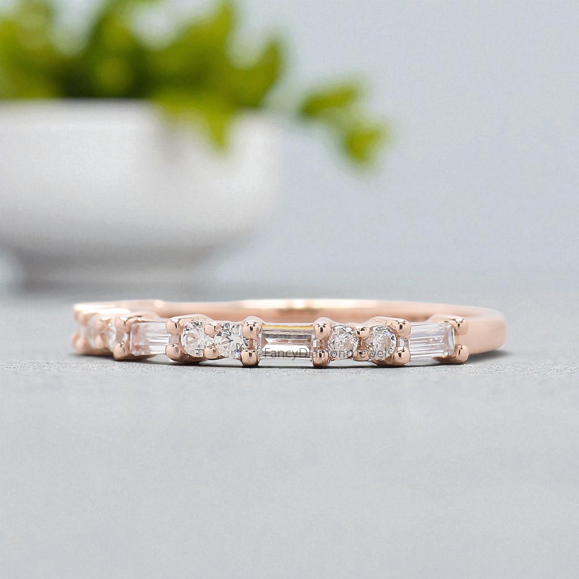 Silver/10K/14K/18K Gold Baguette And Round Diamond Wedding Band Half Eternity Minimalist stacking dainty matching anniversary ring KD1145