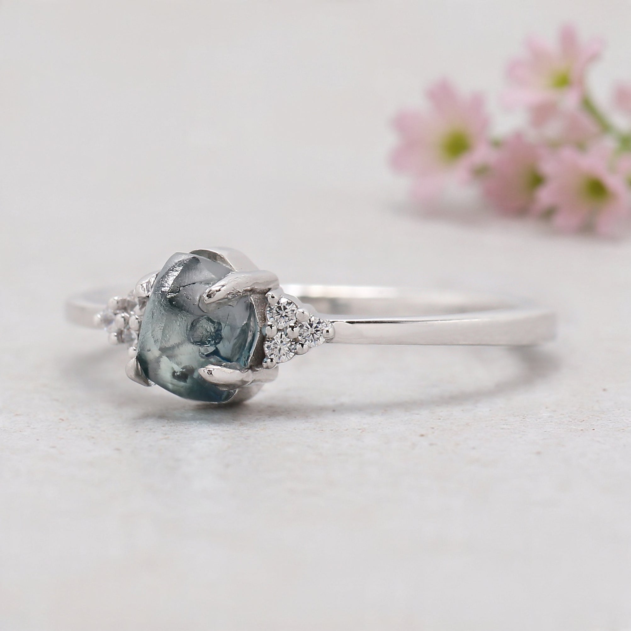 Rough Blue Color Diamond Ring 0.99 Ct 5.83 MM Crystal Rough Diamond Ring 14K Solid White Gold Silver Engagement Ring Gift For Her QL2361