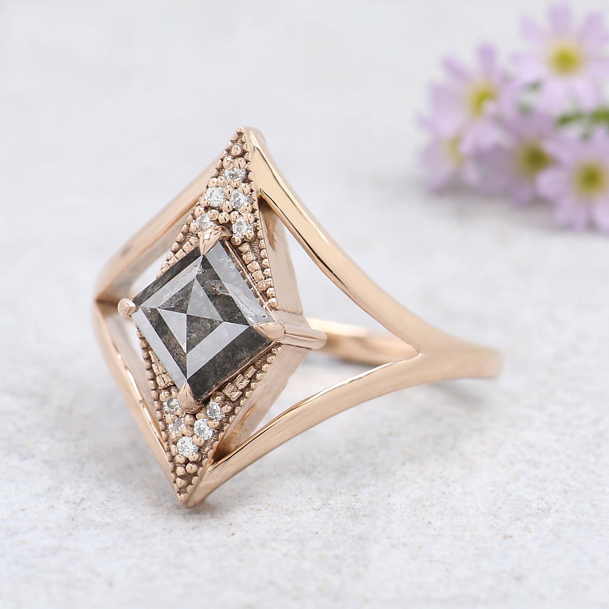 Kite Cut Salt And Pepper Diamond Ring 0.97 Ct 8.09 MM Kite Diamond Ring 14K Solid Rose Gold Silver Kite Engagement Ring Gift For Her QL2199