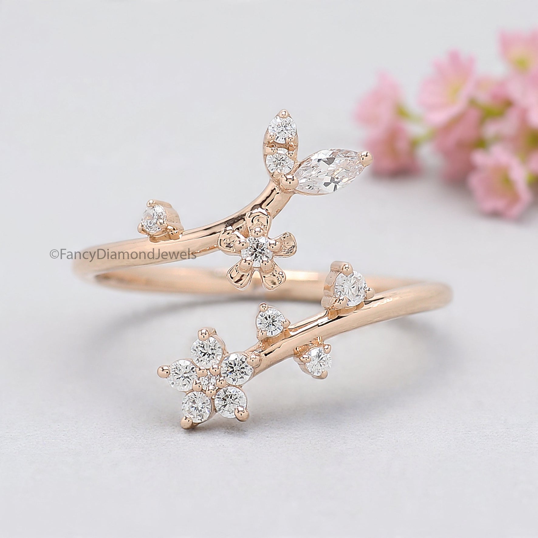 Marquise / Round Cut Wedding Ring Rose Gold Unique Anniversary Ring Spring Flower Ring Adjustable Delicate Personalized Gift For Her FD536