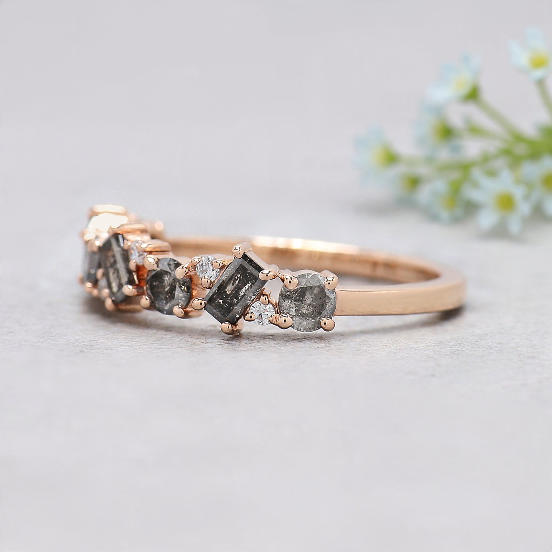 Round & Baguette Salt and Pepper Diamond Band, Half Eternity Wedding Ring in Solid Gold or Silver, Unique Anniversary Gift for Her FD549