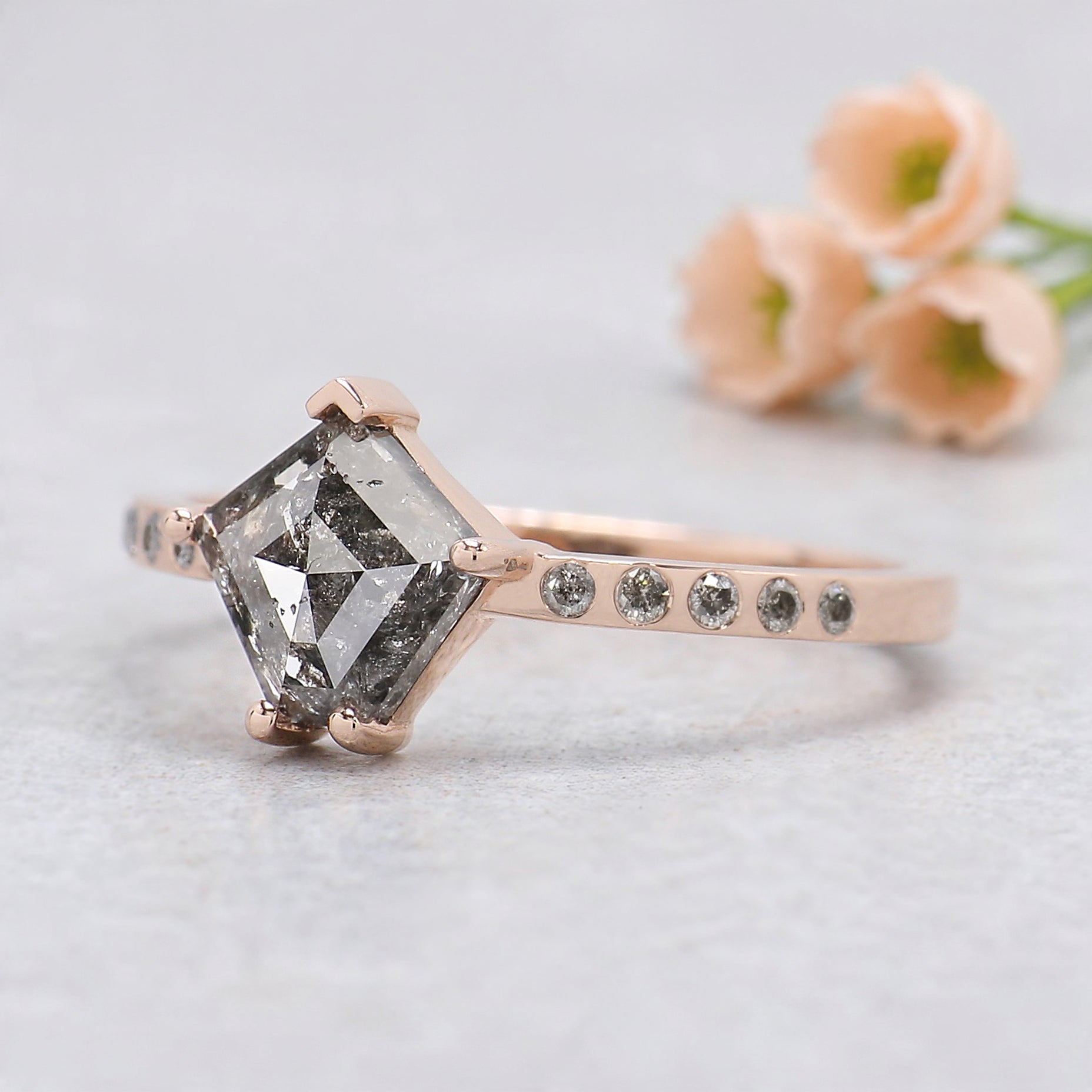Pentagon Salt and Pepper Diamond Engagement Ring, 14K Rose Gold Ring, Unique Geometric Diamond Ring, Minimalist Fine Jewelry Gift KDL601