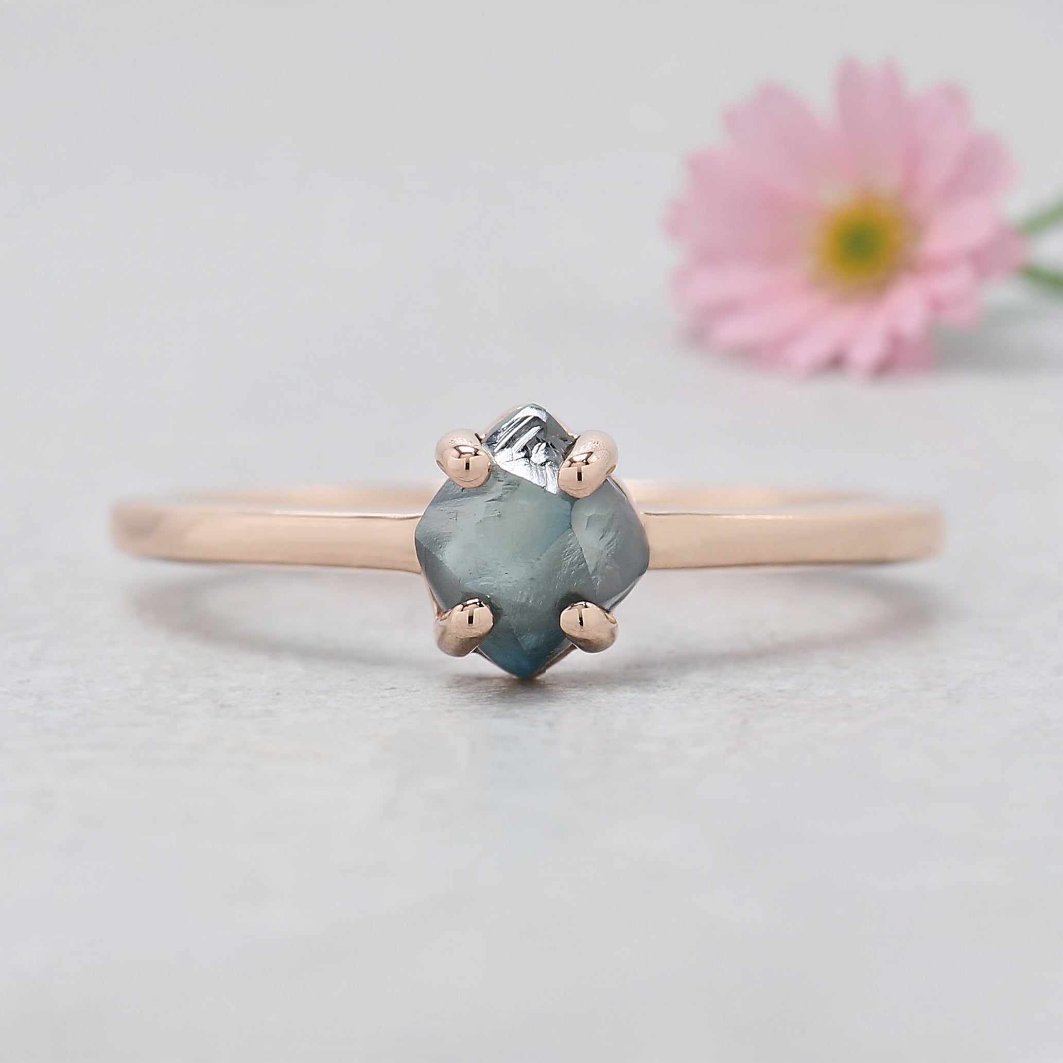 1.05 Ct Natural Rough Cut Blue Color Diamond Ring 6.30 MM Crystal Rough Diamond Ring 14K Solid Rose Gold Silver Engagement Ring QL2344