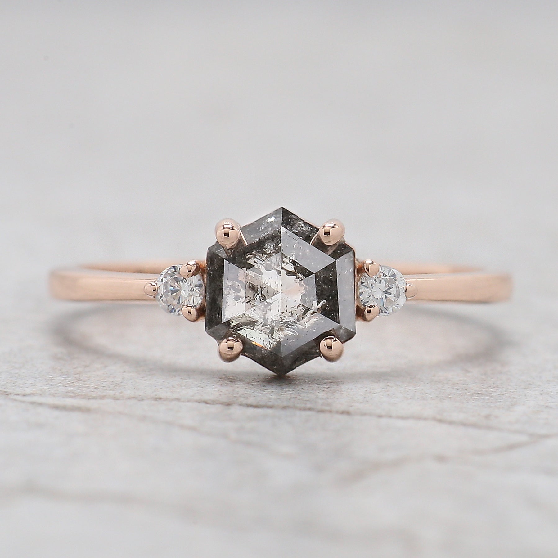 Hexagon Cut Salt And Pepper Diamond Ring 0.84 Ct 6.73 MM Hexagon Cut Diamond Ring 14K Rose Gold Silver Engagement Ring Gift For Her KDL2967