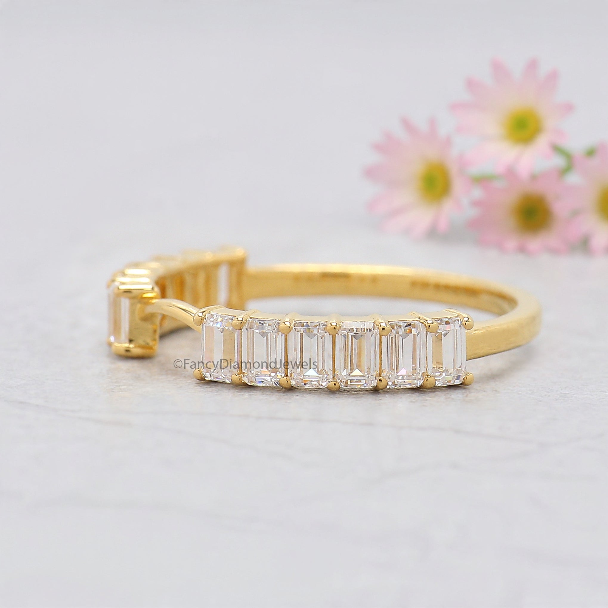 Emerald Cut Wedding Band Yellow Gold Unique Half Eternity Anniversary Wedding Band Vintage Notched Stacking Matching Gift For Her FD528