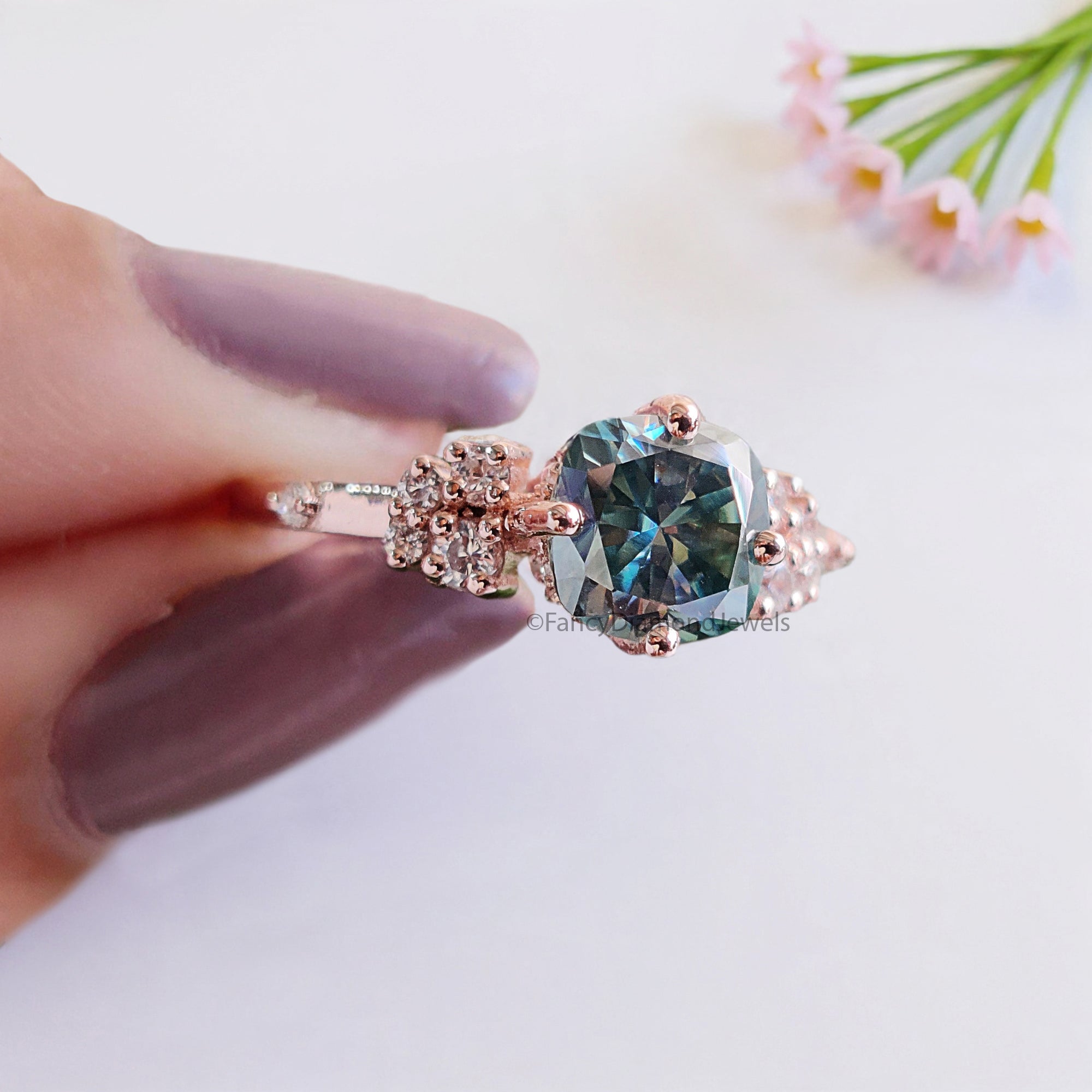 Muse Engagement Ring for Women 1.25 TW Cushion Fancy Cut Cyan Blue Moissanite Ring Hidden Halo Ring Wedding Ring for Her Comfort Fit FD08
