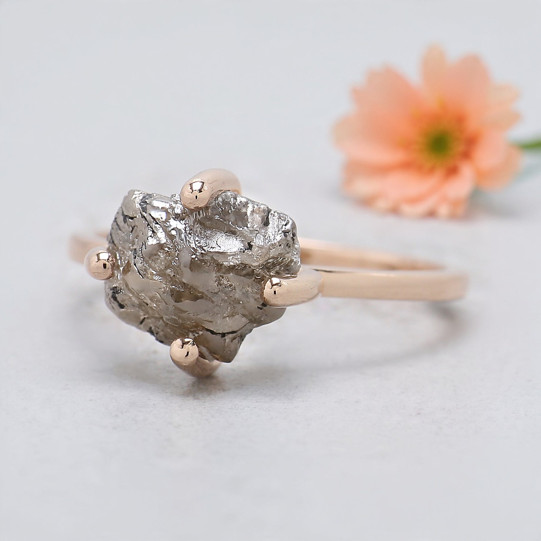 2.79 Ct Natural Rough Cut Brown Color Diamond Ring 9.70 MM Irregular Rough Diamond Ring 14K Solid Rose Gold Silver Engagement Ring KDL9030