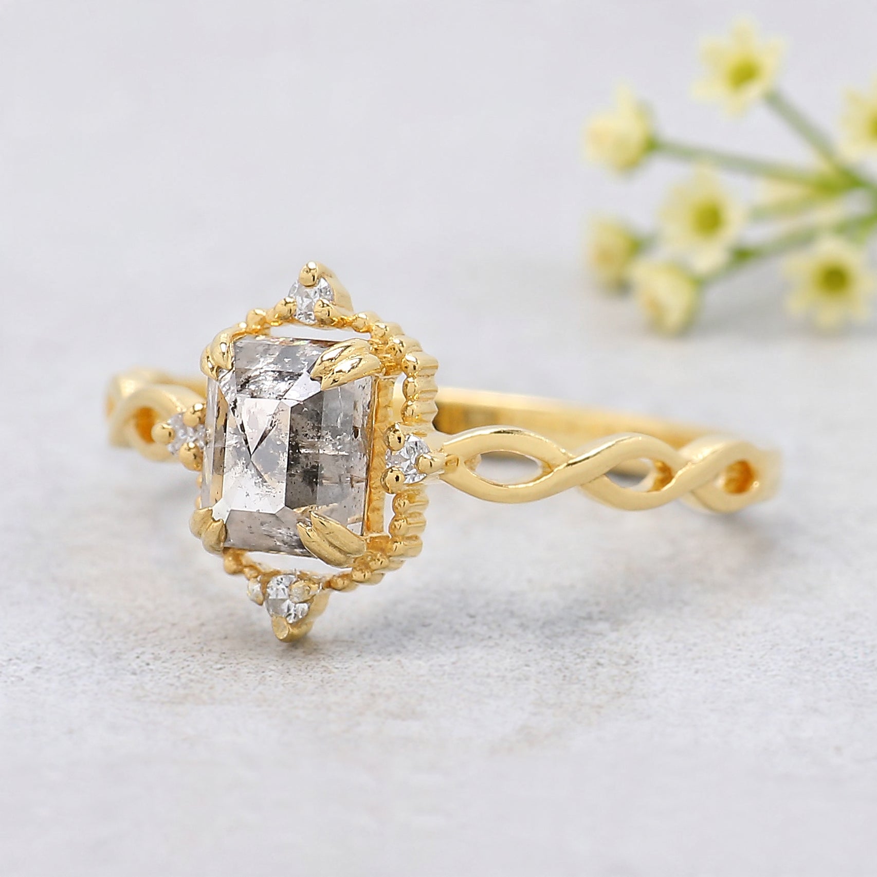 Emerald Salt And Pepper Diamond Ring 0.94 Ct 5.88 MM Emerald Diamond Ring 14K Solid Yellow Gold Silver Engagement Ring Gift For Her KDL9559