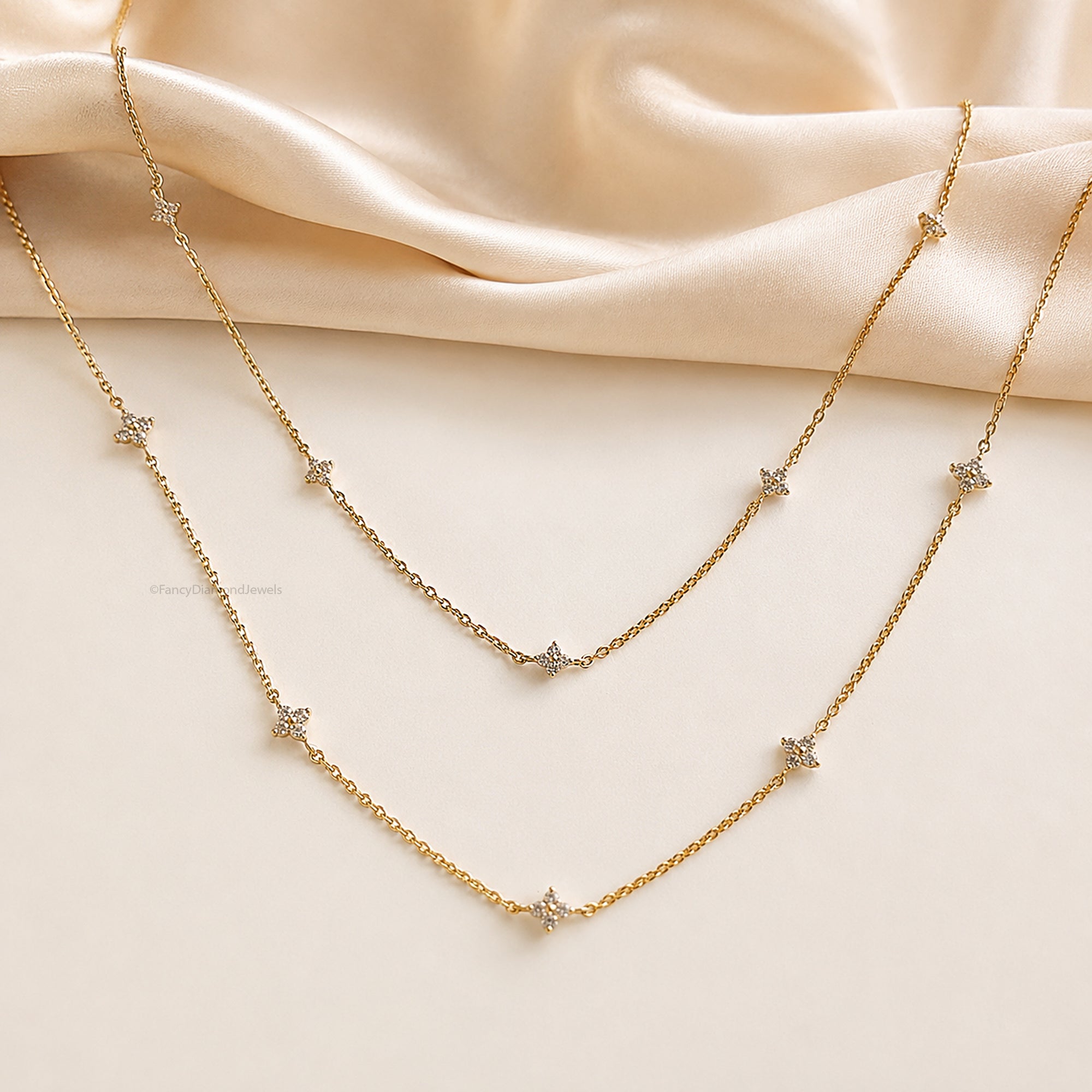 18K Gold Attached Diamond Station Necklace | Four Leaf Clover Star Necklace | Dainty or Large Diamond Chain | Everyday Fine Jewelry FD569